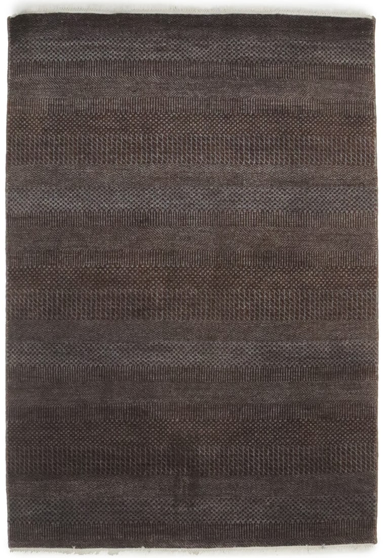 Hand-Knotted Wool Area Rug Modern Grass Pattern 4'1 x 5'11 India: Hand-Knotted Wool Area Rug Modern Grass Pattern 4'1 x 5'11 India This contemporary area rug features a hand-knotted grass pattern design in brown, crafted from wool for a modern studio or foyer settin