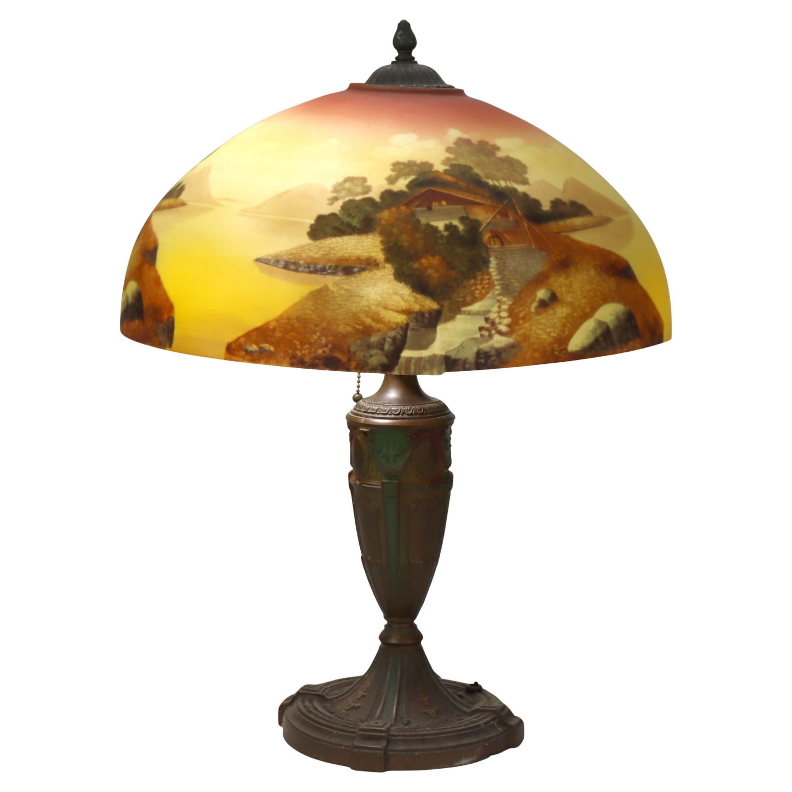 C1910 Arts & Crafts Reverse Painted Table Lamp Mill Scene (1 of 9)