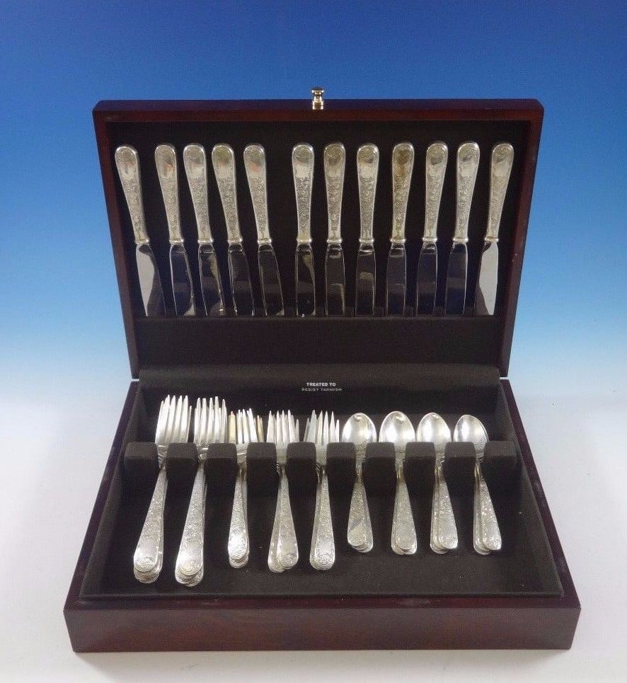 Kirk Old Maryland Engraved Sterling Silver Flatware Set 48 Pieces: Kirk Old Maryland Engraved Sterling Silver Flatware Set 48 Pieces Enhance your dining experience with this exquisite Old Maryland Engraved Sterling Silver Flatware Set by Kirk. This post-1940 set feat