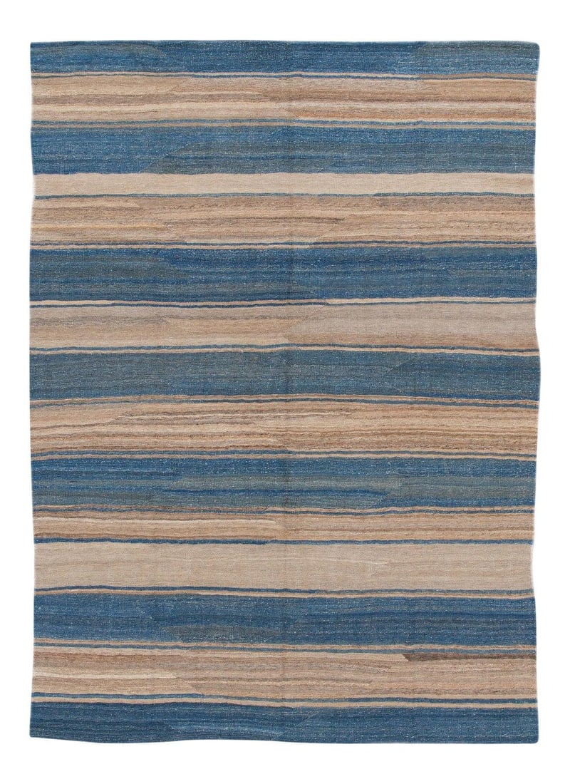 Handmade Modern Wool Kilim Rug Blue Beige Geometric Stripe 6'10 x 9'7: Handmade Modern Wool Kilim Rug Blue Beige Geometric Stripe 6'10 x 9'7 Enhance your living space with this stunning Modern Flatweave Kilim handmade wool rug. Featuring a captivating geometric stripe de
