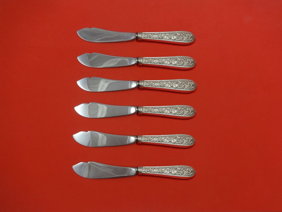 Stieff Corsage Sterling Silver Trout Knife Set 6pc Custom Made 7.5in: Stieff Corsage Sterling Silver Trout Knife Set 6pc Custom Made 7.5in Indulge in the elegance of the Corsage by Stieff Sterling Silver Trout Knife Set, featuring six exquisite knives, each measuring 7