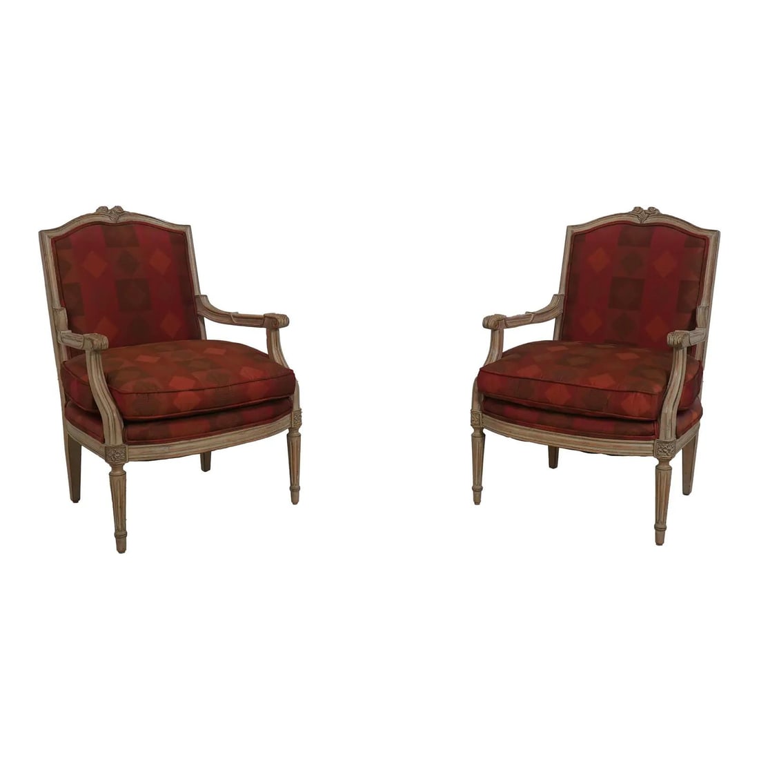 Elegant Pair of Don Russo French Louis XVI Bergere Armchairs: Elegant Pair of Don Russo French Louis XVI Bergere Armchairs This exquisite pair of French Louis XVI style Bergere armchairs features a timeless design with fine carved details and high-quality constr