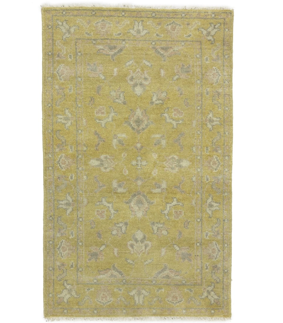 Hand-Knotted Floral Wool Rug 2x3 ft Modern Golden Decor: Hand-Knotted Floral Wool Rug 2x3 ft Modern Golden Decor Enhance your space with this exquisite hand-knotted oriental rug, featuring a muted floral design in shades of golden yellow, cream, and brown.
