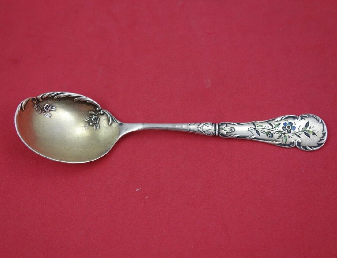 Reed and Barton Athenian Eng Sterling Silver Sugar Spoon with Enamel 6 in: Reed and Barton Athenian Eng Sterling Silver Sugar Spoon with Enamel 6 in This exquisite Athenian Eng sugar spoon by Reed and Barton is a stunning example of craftsmanship from the late 19th century.