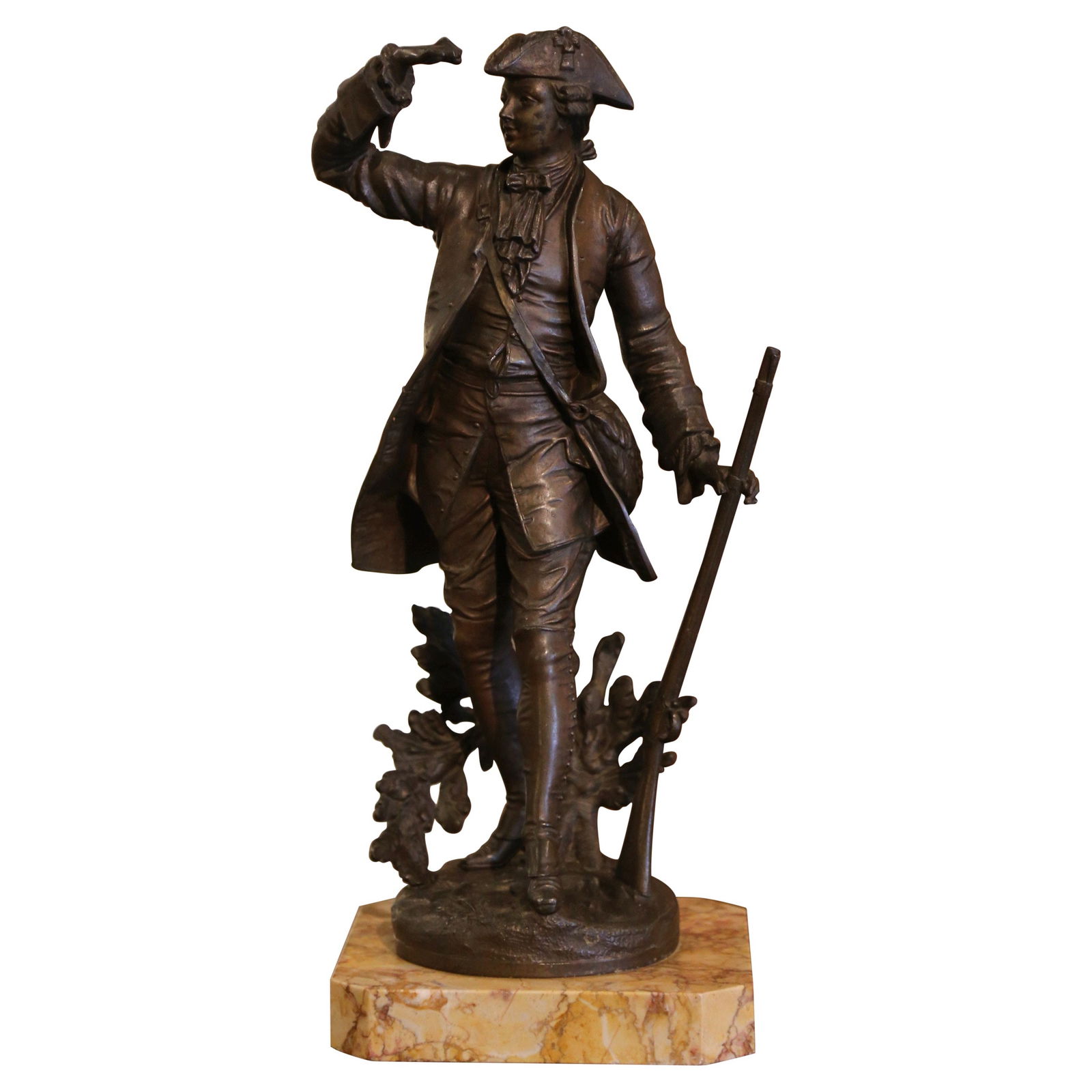 19th Century Louis XV Spelter Hunter Figure on Marble Base: 19th Century Louis XV Spelter Hunter Figure on Marble Base Enhance your gentleman's study or office with this exquisite 19th-century French Louis XV-style spelter hunter figure, crafted around 1880. T