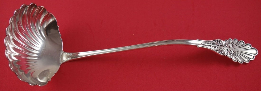 Wood & Hughes Grecian Sterling Silver Soup Ladle 12 1/4 Shell Bowl: Wood & Hughes Grecian Sterling Silver Soup Ladle 12 1/4 Shell Bowl This exquisite Grecian soup ladle by Wood & Hughes showcases a beautifully crafted shell bowl, measuring 12 1/4 inches in length. Mad