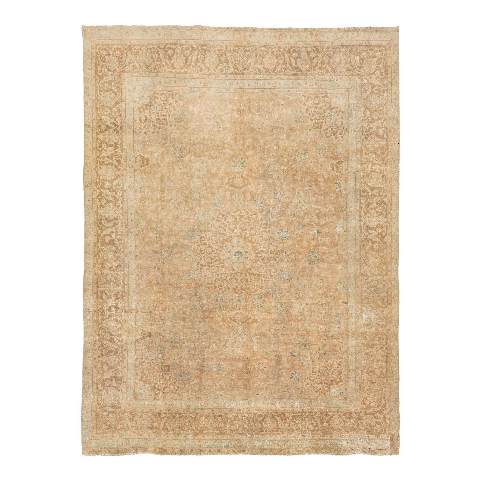 Antique Persian Mashad Handmade Wool Rug 8'11 x 12'1 Tan Rosette Design: Antique Persian Mashad Handmade Wool Rug 8'11 x 12'1 Tan Rosette Design Enhance your space with this exquisite Antique Persian Mashad Handmade Wool Rug. Featuring a warm tan color field adorned with e