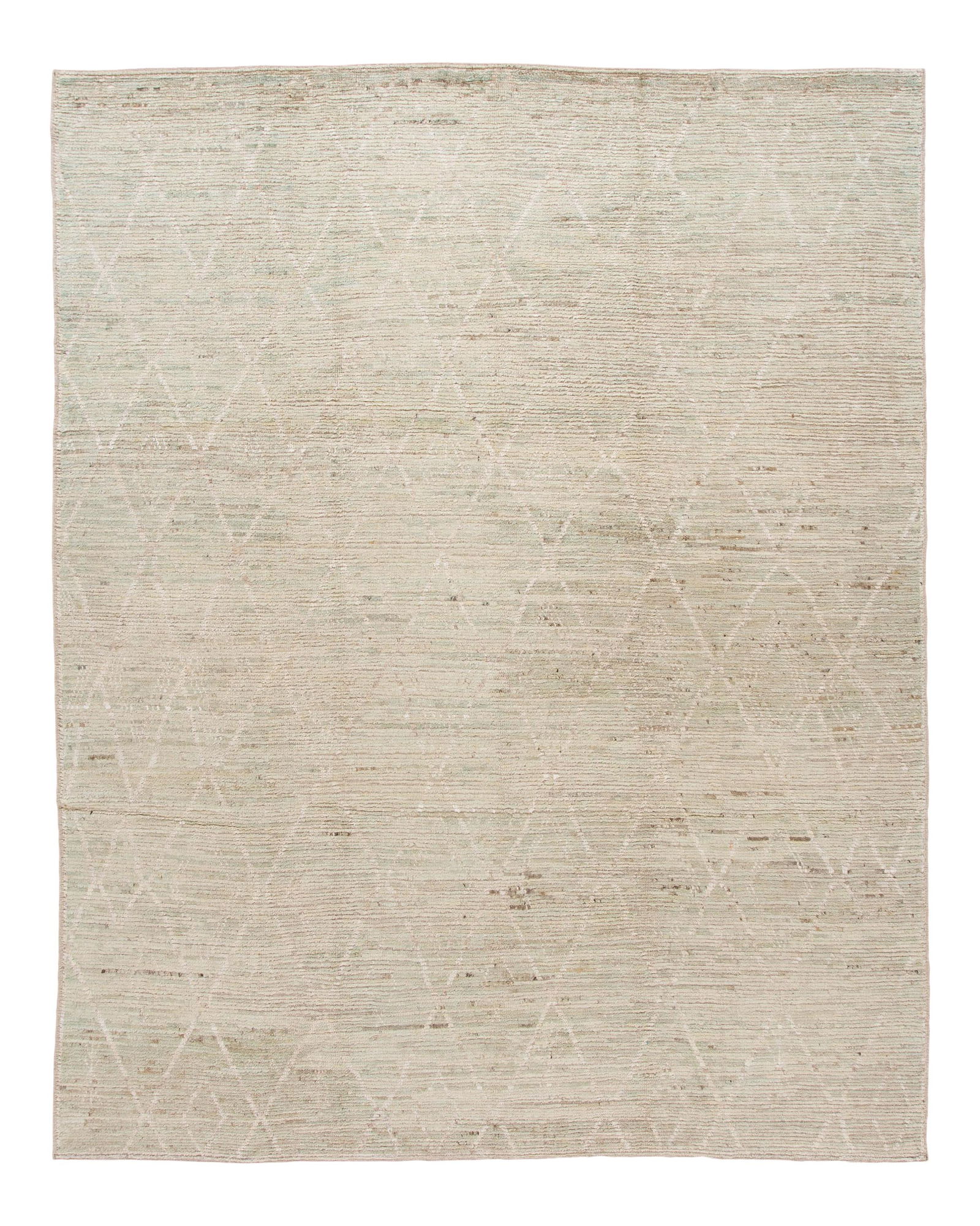 Ivory Moroccan Style Hand Knotted Wool Rug 9' x 11'5: Ivory Moroccan Style Hand Knotted Wool Rug 9' x 11'5 Enhance your living space with this modern Moroccan style hand knotted wool rug. Featuring a stunning ivory and green field, the rug is adorned wit