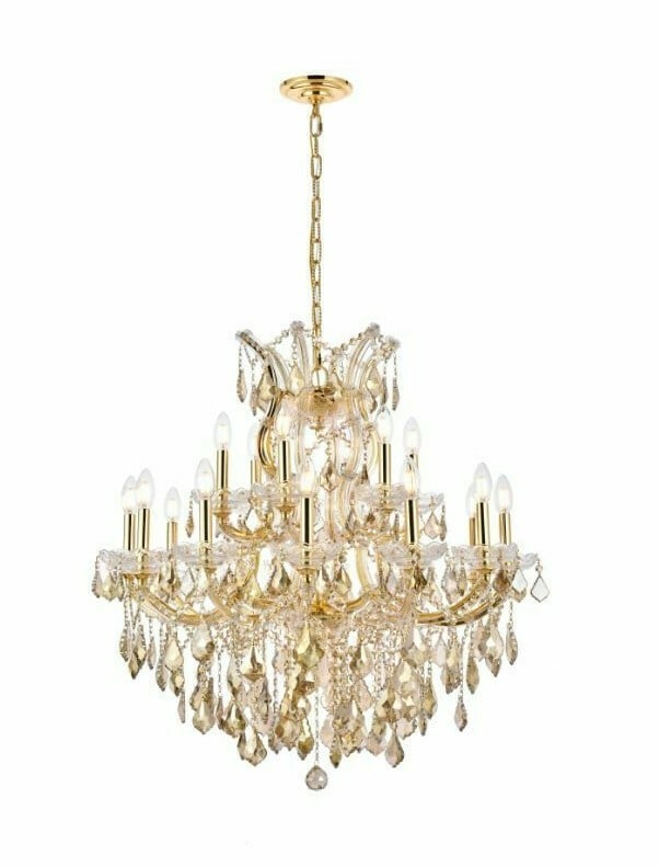 Maria Theresa 19-Light Gold Crystal Chandelier With 30 Inch Golden Teak Glass: Maria Theresa 19-Light Gold Crystal Chandelier With 30 Inch Golden Teak Glass This modern chandelier features a gold finish frame adorned with royal cut golden teak (smoky) crystal accents. Designed f