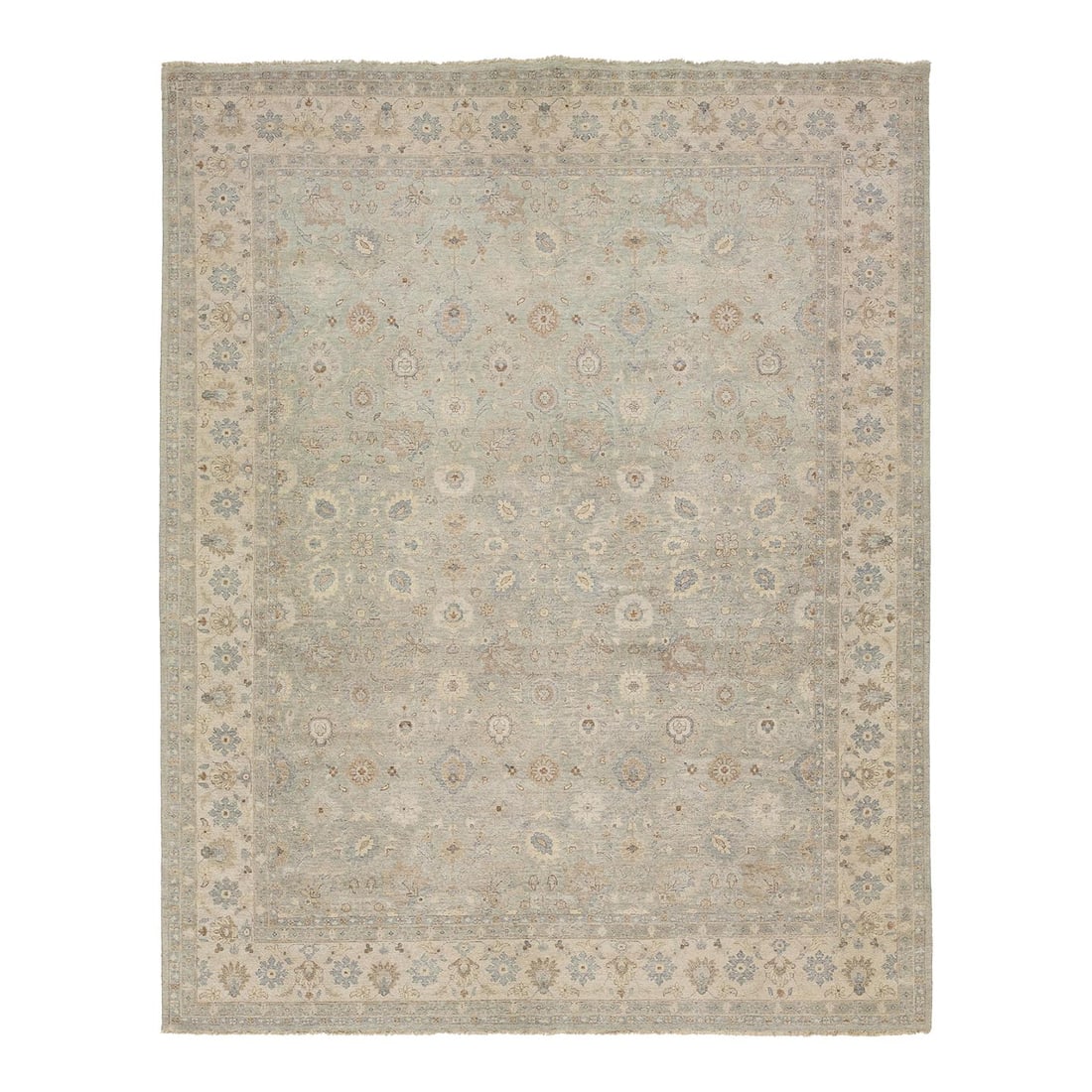 Artisan Collection Gray Floral Handmade Wool Rug 11'11 x 15': Artisan Collection Gray Floral Handmade Wool Rug 11'11 x 15' Introducing the Artisan Collection Gray Handmade Floral Indian Wool Rug, a stunning testament to craftsmanship and elegance. This pre-owned