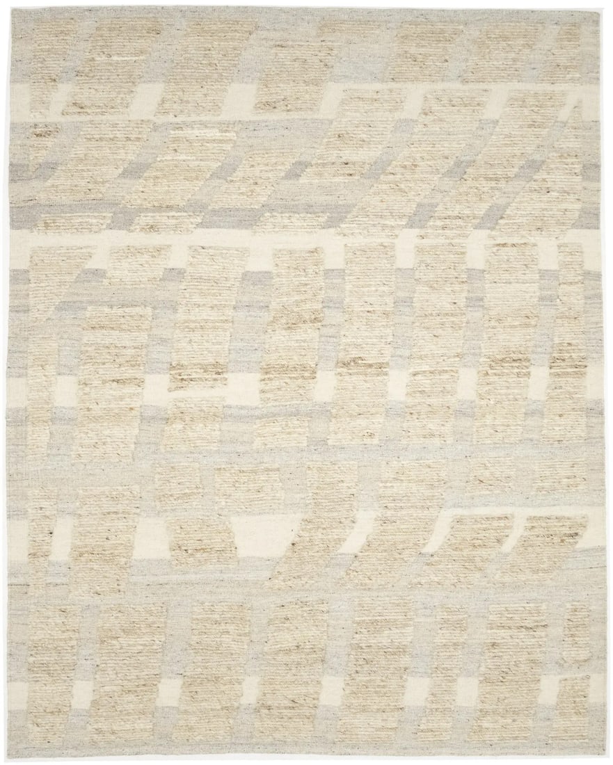 8x10 Hand-Knotted Wool Modern Abstract Cream Area Rug from India: 8x10 Hand-Knotted Wool Modern Abstract Cream Area Rug from India This large modern area rug features an abstract design in cream, beige, brown, oatmeal, and other multicolored tones. Hand-knotted in I