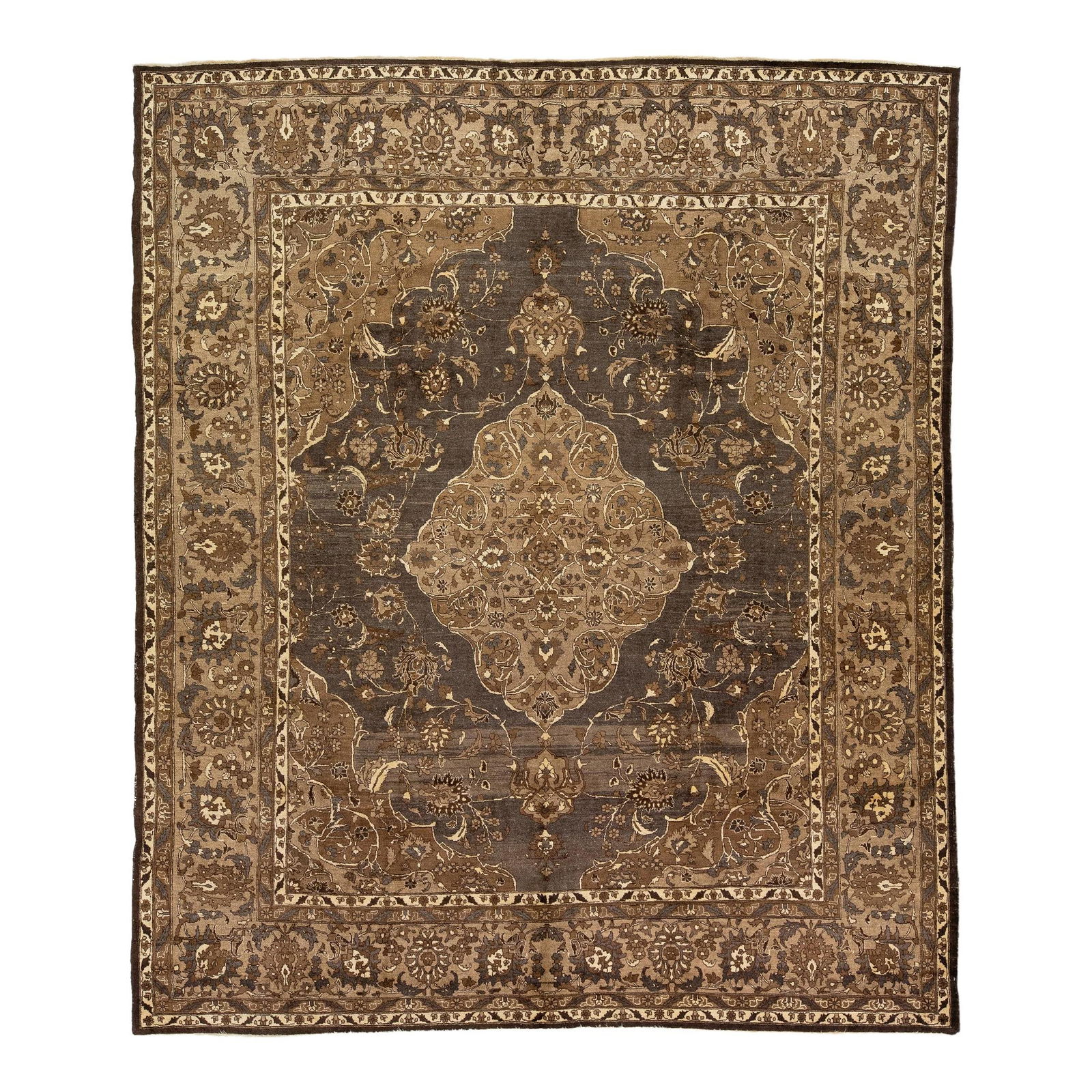 1930s Handmade Tabriz Wool Rug Gray Brown Medallion 8'5 x 10': 1930s Handmade Tabriz Wool Rug Gray Brown Medallion 8'5 x 10' Discover the elegance of this vintage 1930s Tabriz wool rug, meticulously handmade featuring a stunning medallion motif. The rug showcases