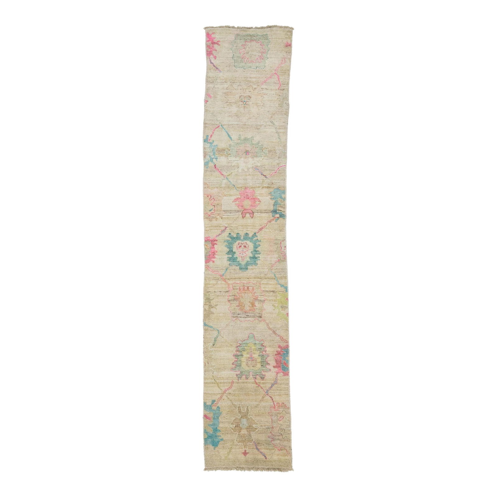 Beige Modern Turkish Oushak Hand-Knotted Wool Runner 2'10 x 14'8: Beige Modern Turkish Oushak Hand-Knotted Wool Runner 2'10 x 14'8 Enhance your space with this exquisite Beige Handmade Modern Turkish Oushak Wool Runner. This stunning piece features a hand-knotted wo