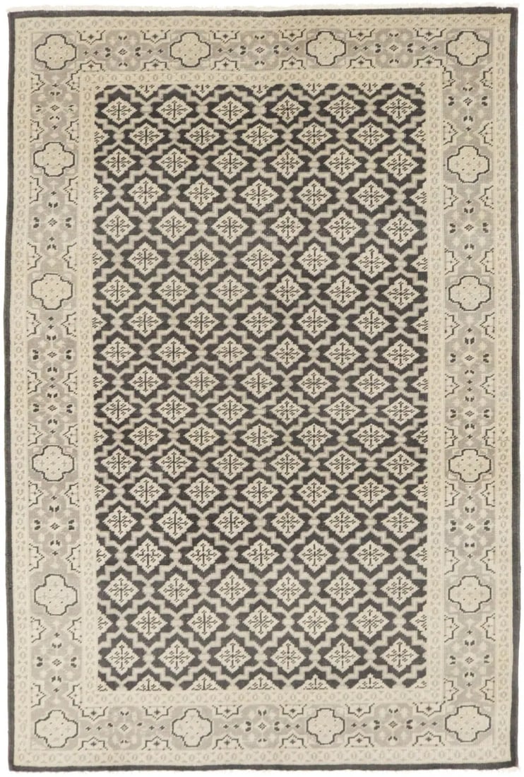 Hand-knotted Wool Area Rug 5'7 x 8'4 Charcoal Gray Modern Floral Design: Hand-knotted Wool Area Rug 5'7 x 8'4 Charcoal Gray Modern Floral Design This handmade transitional oriental rug features a modern floral pattern in muted charcoal gray, beige, and cream tones. Expertl
