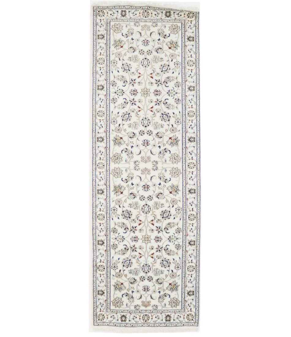 Hand-Knotted Indo-Nain Floral Runner 2'9 x 8'3 Wool Silk Cream Modern Design: Hand-Knotted Indo-Nain Floral Runner 2'9 x 8'3 Wool Silk Cream Modern Design Enhance your living space with this exquisite hand-knotted Indo-Nain Oriental runner, featuring a beautiful floral pattern