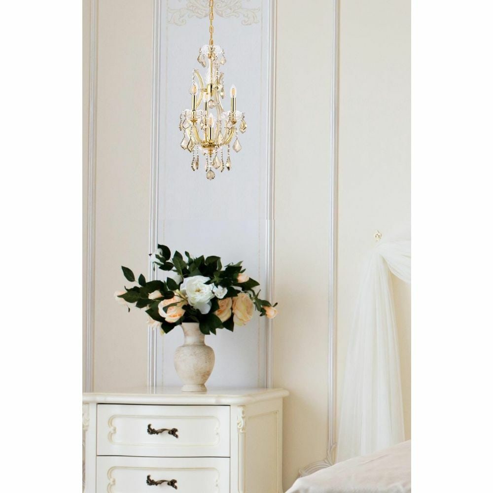 Maria Theresa 4-Light Gold Pendant Chandelier with Golden Teak Crystals: Maria Theresa 4-Light Gold Pendant Chandelier with Golden Teak Crystals Illuminate your space with this elegant Golden Teak Crystal Chandelier, featuring a stylish gold finish and a modern design. Thi
