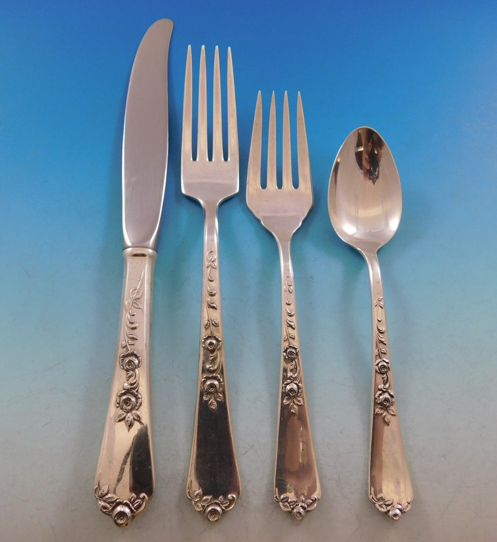 Wallace Sterling Rose Flatware Set for 12 - 50 Pieces with Storage Chest: Wallace Sterling Rose Flatware Set for 12 - 50 Pieces with Storage Chest Enhance your dining experience with the exquisite Sterling Rose by Wallace Sterling Silver Flatware Set. This elegant flatware