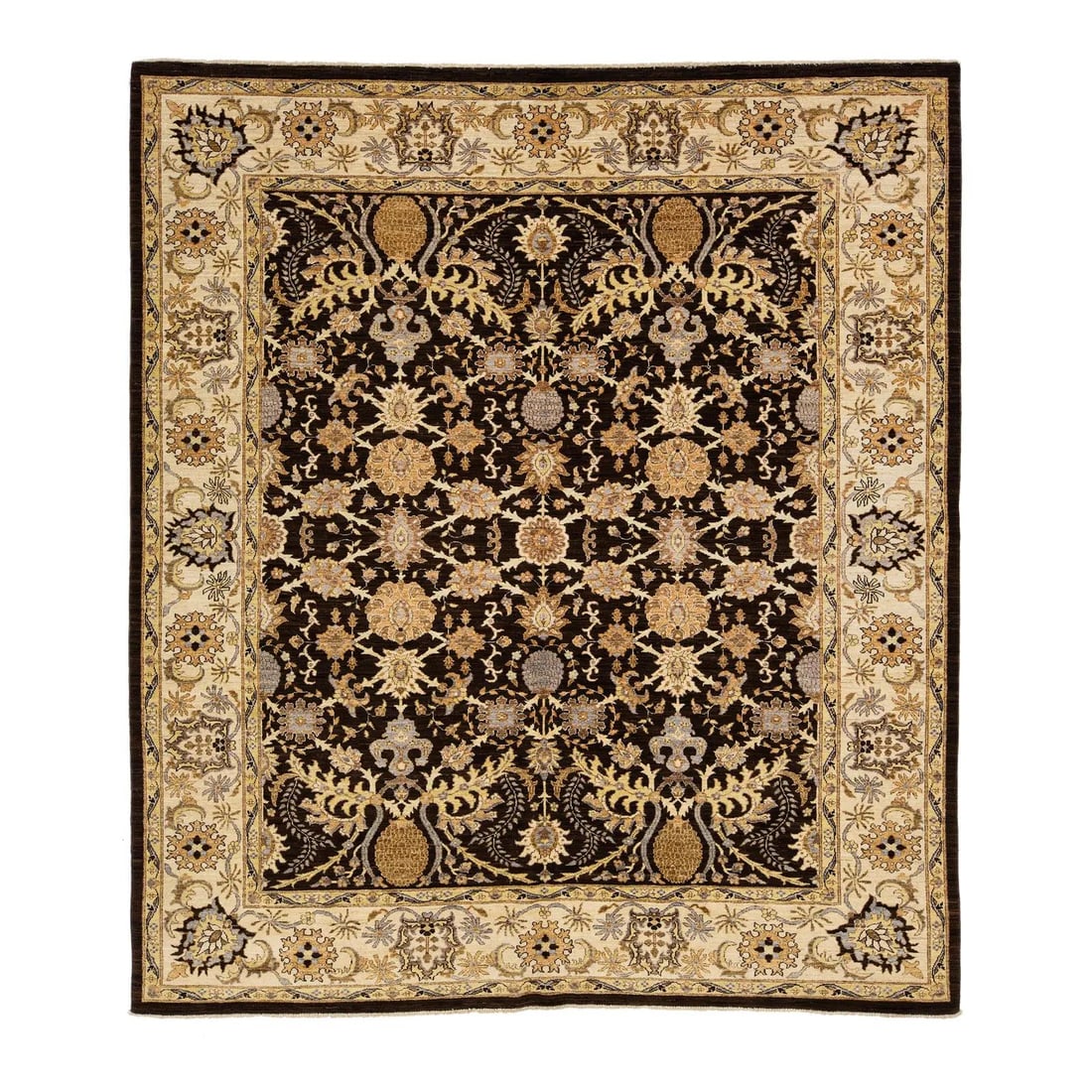 Handmade Paki Peshawar Wool Rug 8'3 x 9'4 Floral Brown Design: Handmade Paki Peshawar Wool Rug 8'3 x 9'4 Floral Brown Design Enhance your space with this exquisite handmade Paki Peshawar wool rug. Featuring a rich brown field, this rug is beautifully accented wit