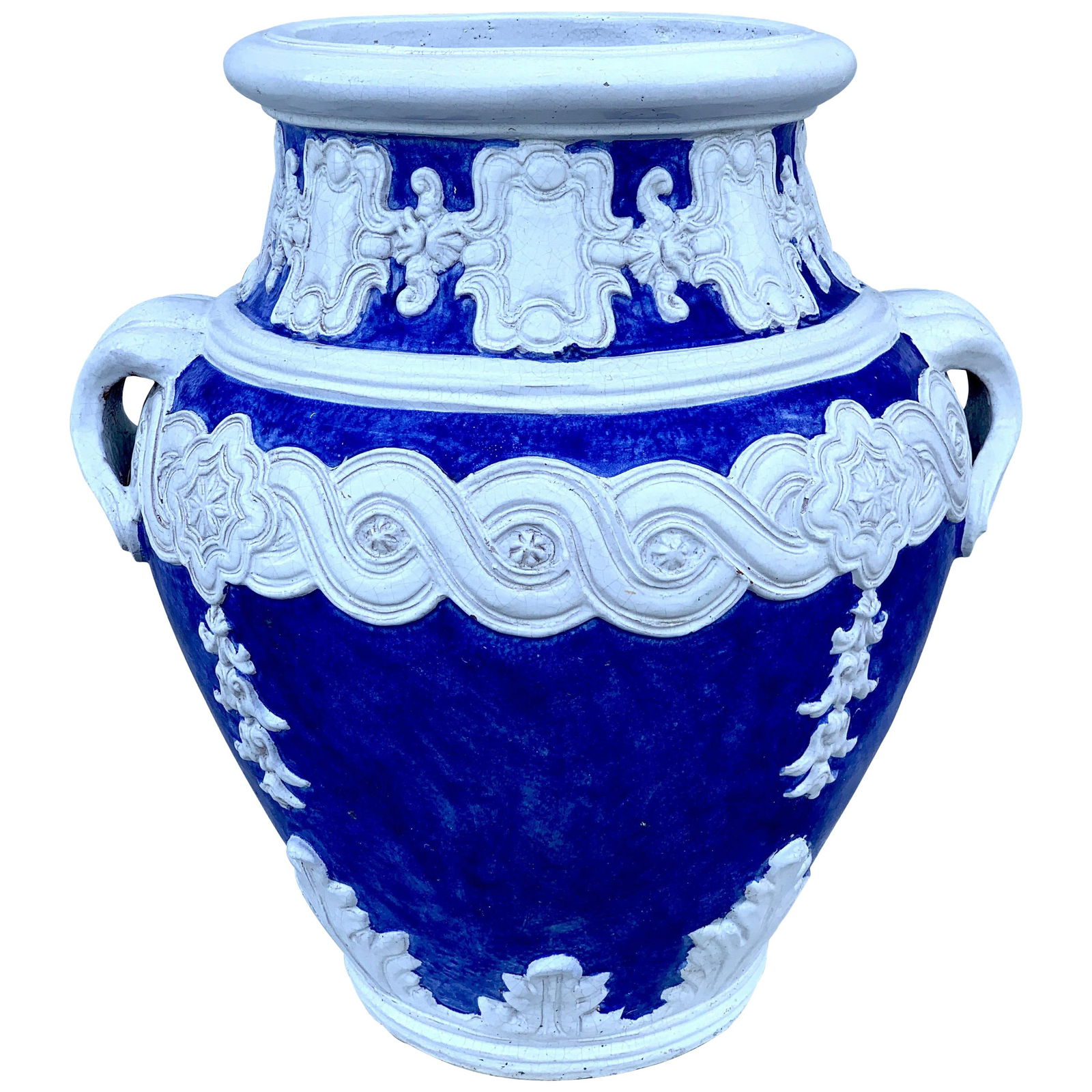 Celine Dion Italian Blue White Della Robbia Jardiniere 29in Baroque Terracotta: Celine Dion Italian Blue White Della Robbia Jardiniere 29in Baroque Terracotta This stunning Italian blue and white Della Robbia style jardiniere is a remarkable addition to any decor, showcasing a la