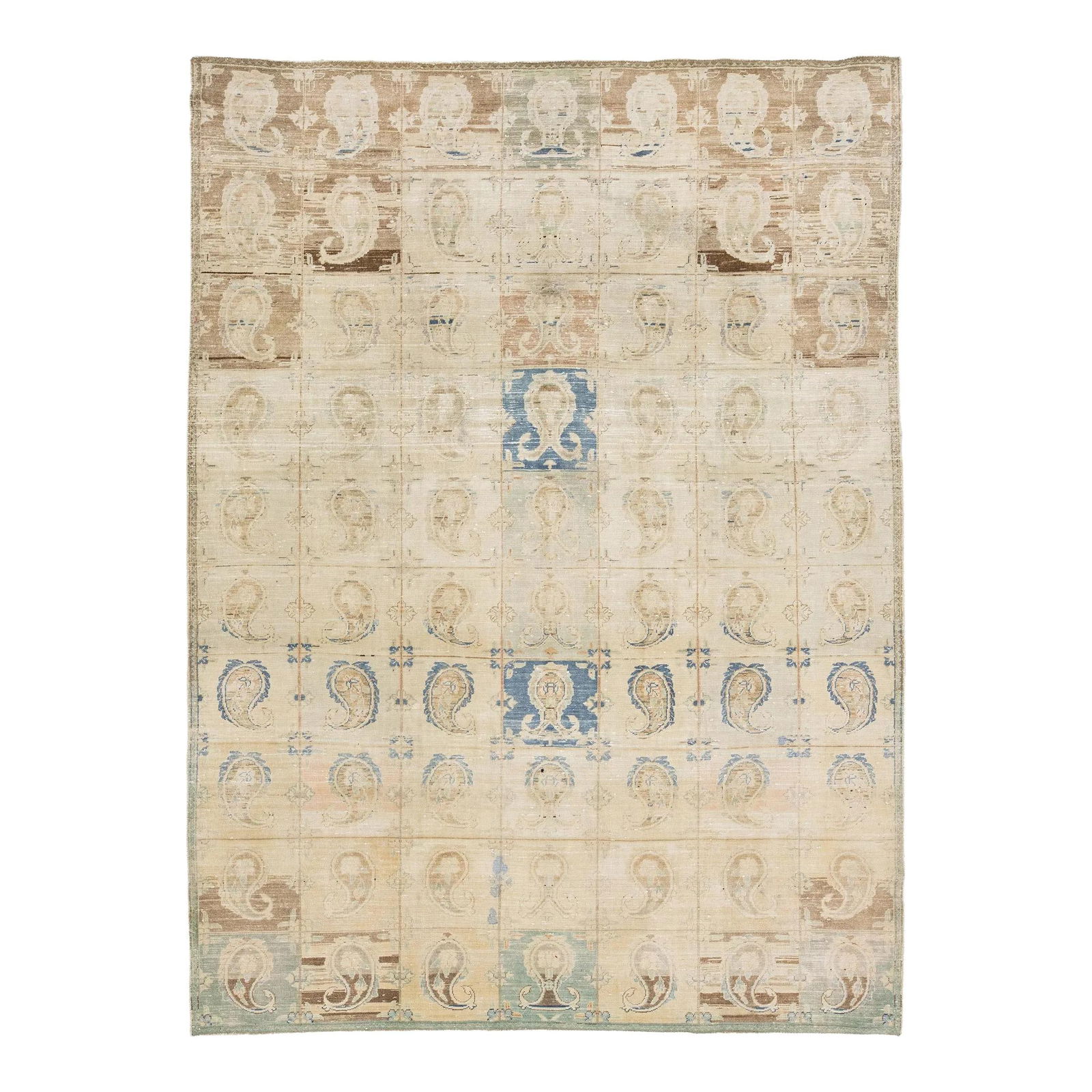 1920s Persian Tabriz Wool Rug Beige Boteh Design 8'9 x 11'9: 1920s Persian Tabriz Wool Rug Beige Boteh Design 8'9 x 11'9 Discover the elegance of this antique Persian Tabriz wool rug, handcrafted with a timeless all-over Boteh pattern. The soft beige background