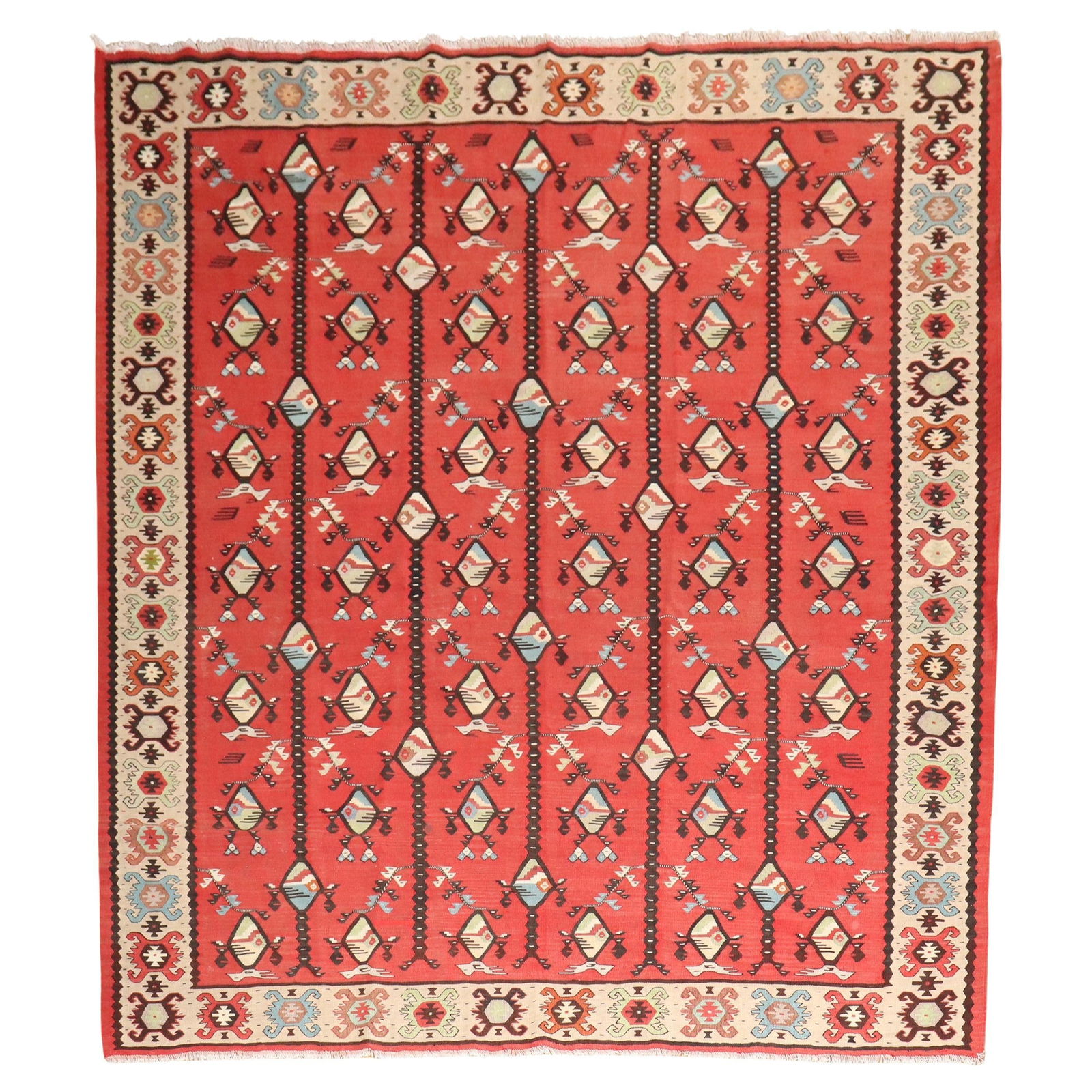 Vintage Bessarabian Turkish Kilim 84 x 96 Wool Rug: Vintage Bessarabian Turkish Kilim 84 x 96 Wool Rug Discover the exquisite Zabihi Collection Vintage Square Turkish Kilim, a stunning addition to any decor. This mid-20th century piece features a strik