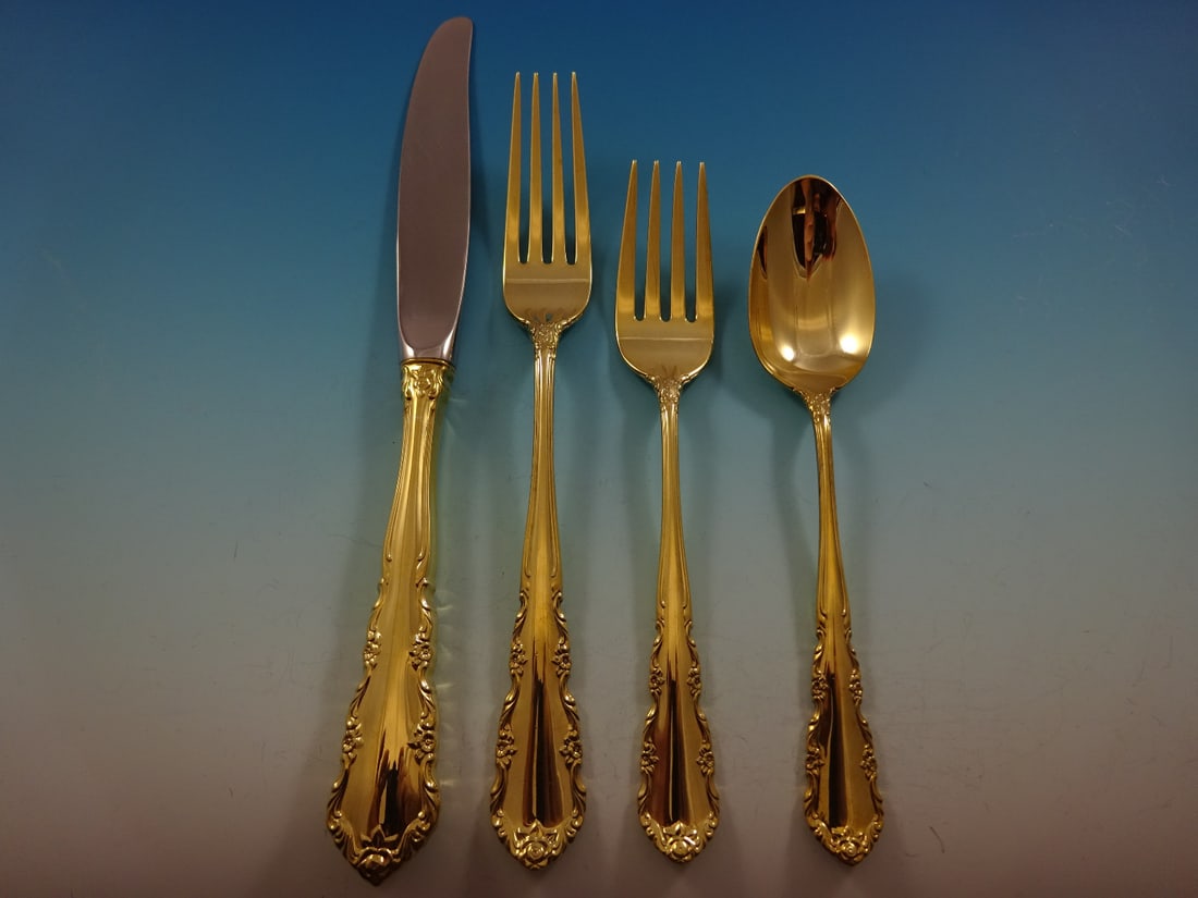 Wallace Shenandoah Gold Sterling Silver Flatware Set for 12 with Bonus Chest: Wallace Shenandoah Gold Sterling Silver Flatware Set for 12 with Bonus Chest Elevate your dining experience with the stunning Shenandoah Gold by Wallace Sterling Silver Flatware Service Set for 12. Th