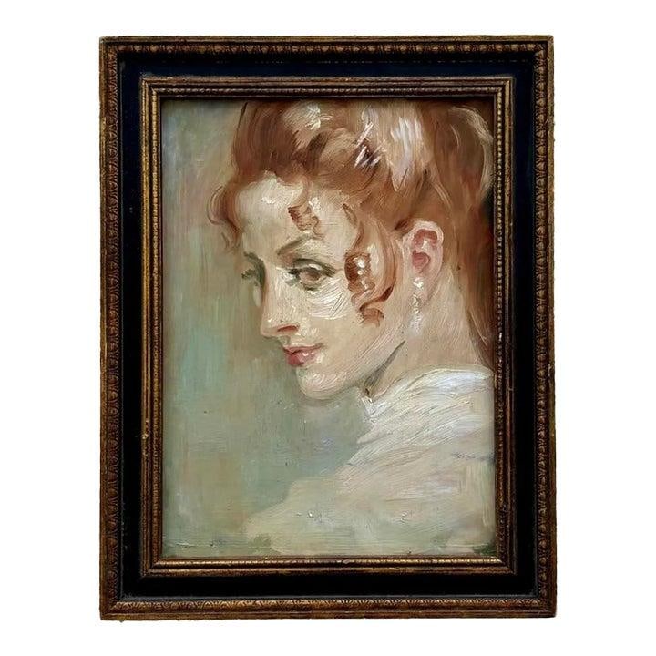 Framed Bohemian Portrait Painting Featuring Auburn Haired Woman in Profile: Framed Bohemian Portrait Painting Featuring Auburn Haired Woman in Profile This vintage boho portrait features a woman in profile with auburn hair styled in soft curls. The painting uses gentle brushs