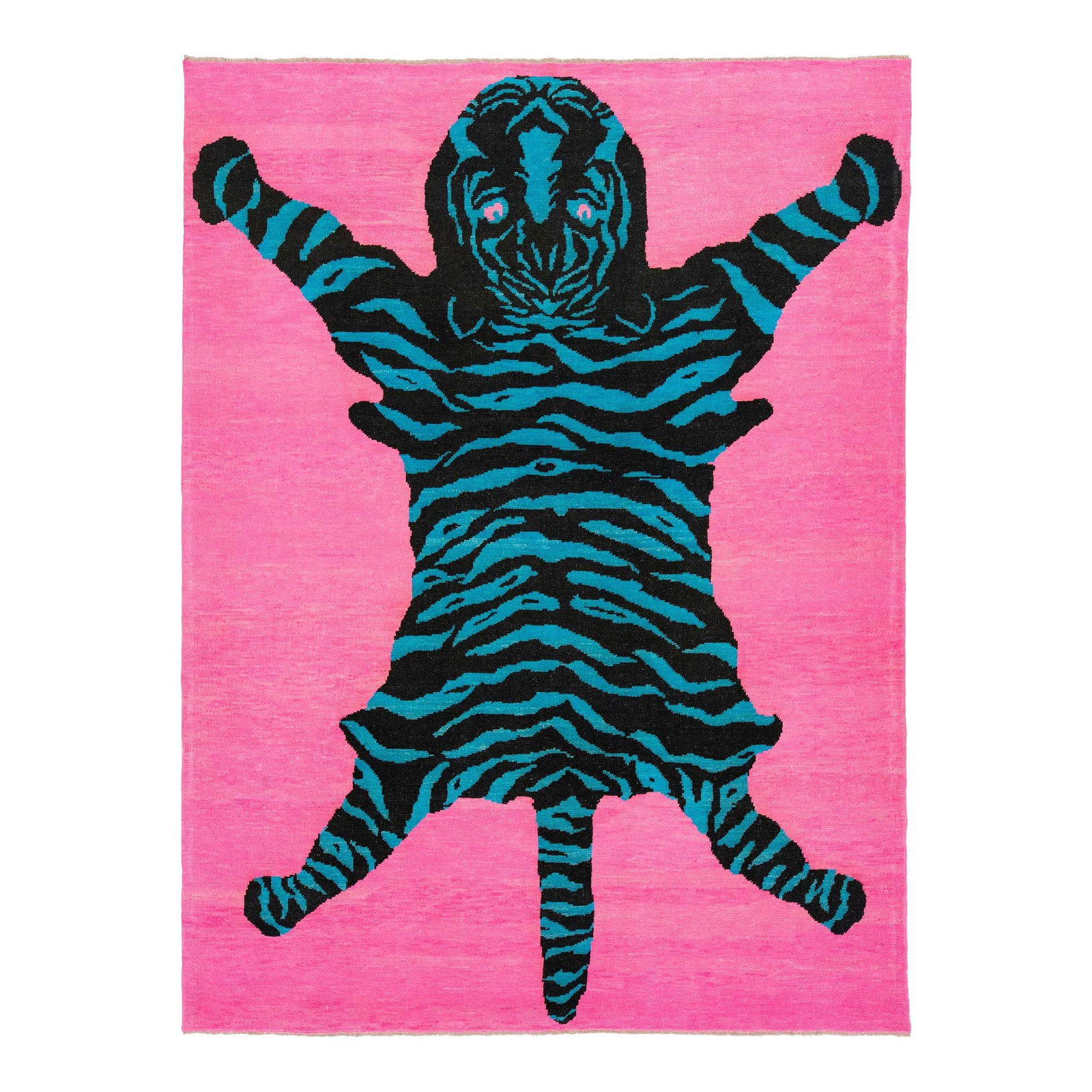 Handmade Turkish Wool Rug Pink Tiger Design 8' x 10'8: Handmade Turkish Wool Rug Pink Tiger Design 8' x 10'8 This exquisite Turkish wool rug showcases a striking tiger pictorial design set against a pink field, complemented by black and blue accents. Hand