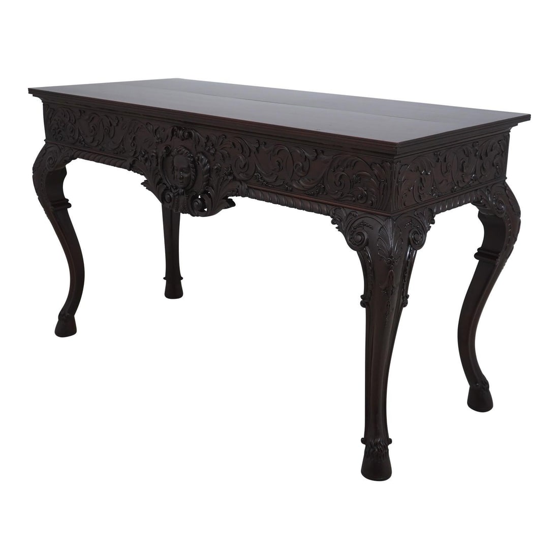 Antique Mahogany Georgian Console Server with Cherub Carvings: Antique Mahogany Georgian Console Server with Cherub Carvings This Vintage Carved Mahogany Irish Georgian Server Console, dating from approximately 1900-1910, showcases exquisite craftsmanship with it