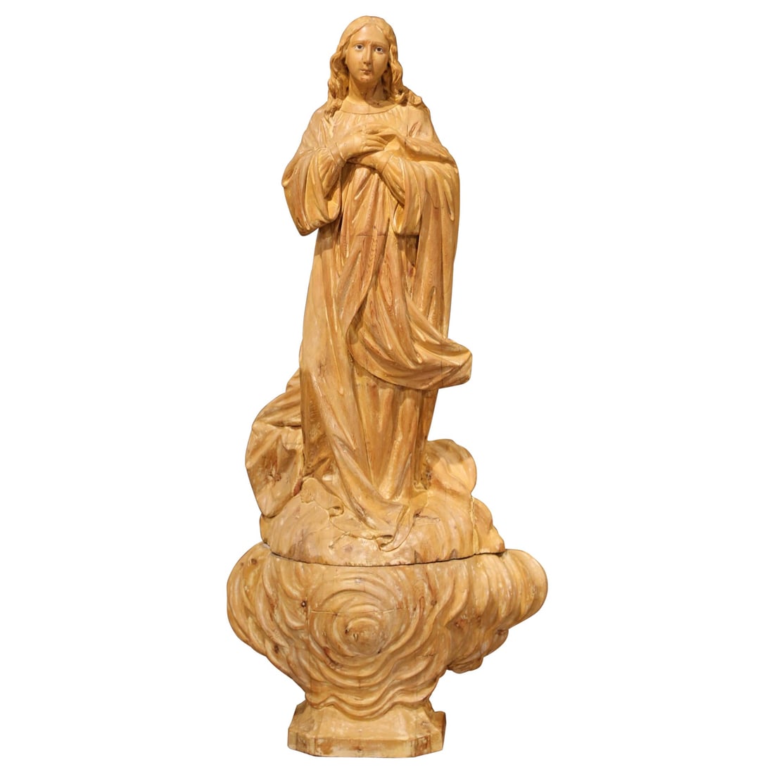 19th Century Hand-Carved French Pine Sculpture of Praying Woman: 19th Century Hand-Carved French Pine Sculpture of Praying Woman This exquisite early 19th century French sculpture features a serene female figure in a state of prayer, standing on a beautifully craft