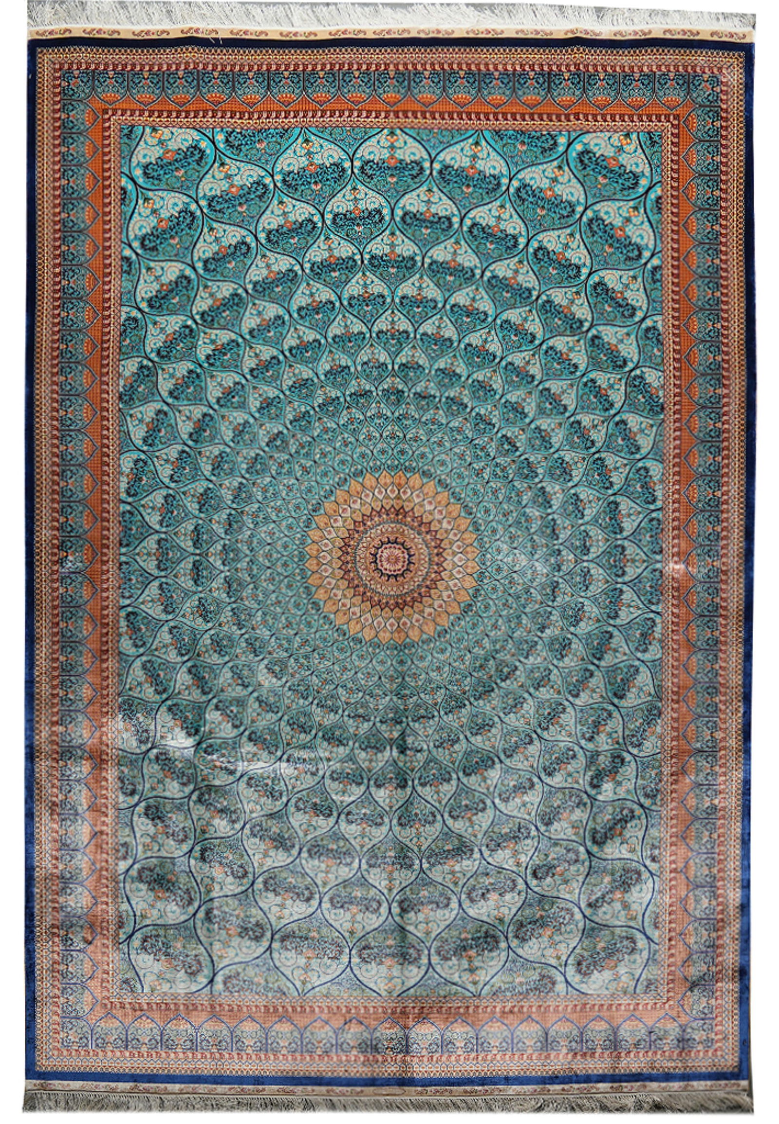 6 x 9 Hand Knotted Esfahan Dom Turquoise Silk Persian Rug: 6 x 9 Hand Knotted Esfahan Dom Turquoise Silk Persian Rug Free continental US Shipping This 6 x 9 Turquoise Dom Esfahan Luxury Silk Rug showcases classic Persian artistry with its hand-knotted constru