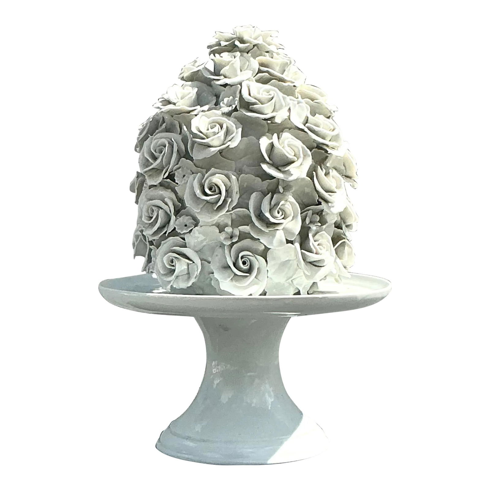 Vintage Regency Porcelain Rose Cake on Pedestal 11.75" Diameter: Vintage Regency Porcelain Rose Cake on Pedestal 11.75" Diameter Discover the elegance of this vintage Regency-style glazed porcelain rose cake, a stunning statement piece for your home. This intricate