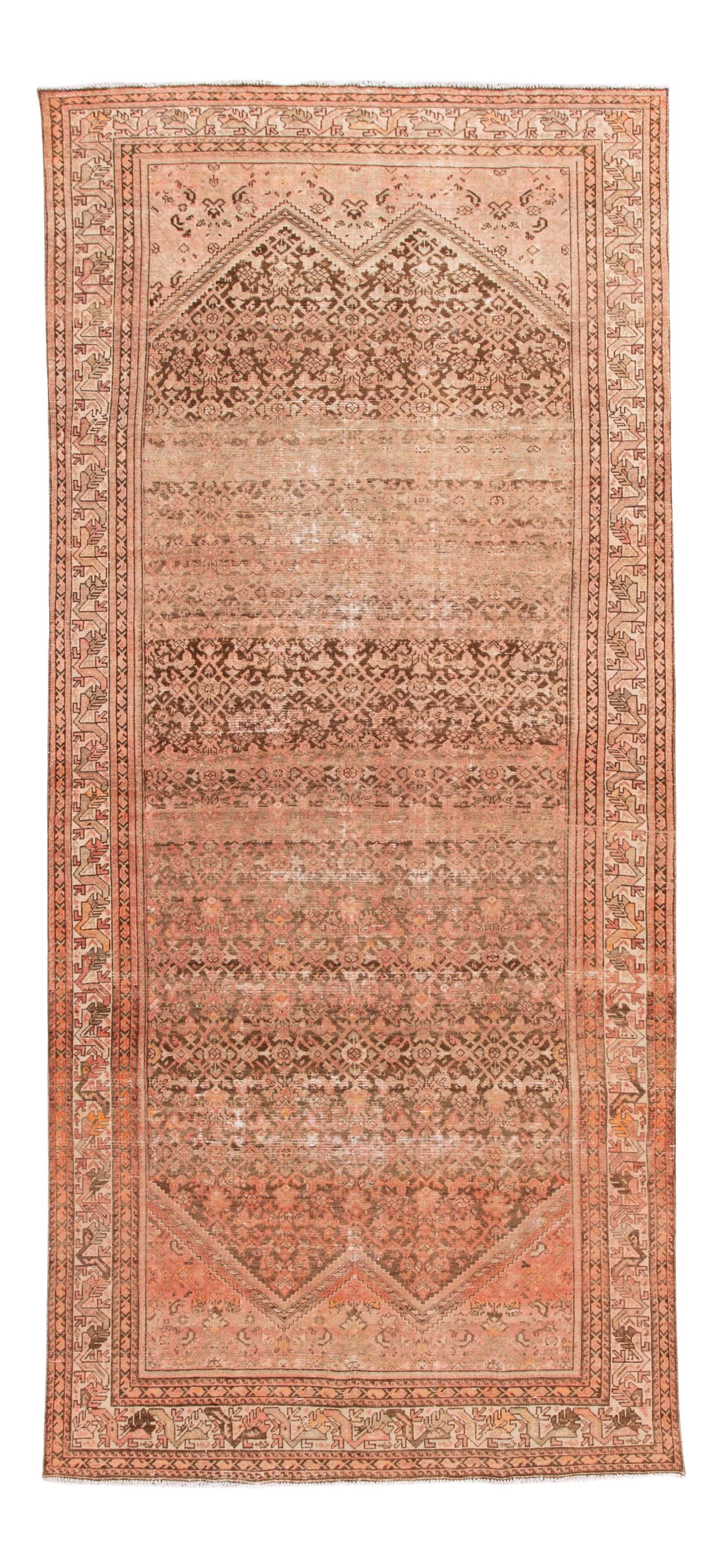 Antique Malayer Handmade Wool Runner Rug 6' x 13'6 Peach Floral Design: Antique Malayer Handmade Wool Runner Rug 6' x 13'6 Peach Floral Design This exquisite antique Malayer runner showcases a stunning peach field adorned with a beautiful geometric floral design in ivory