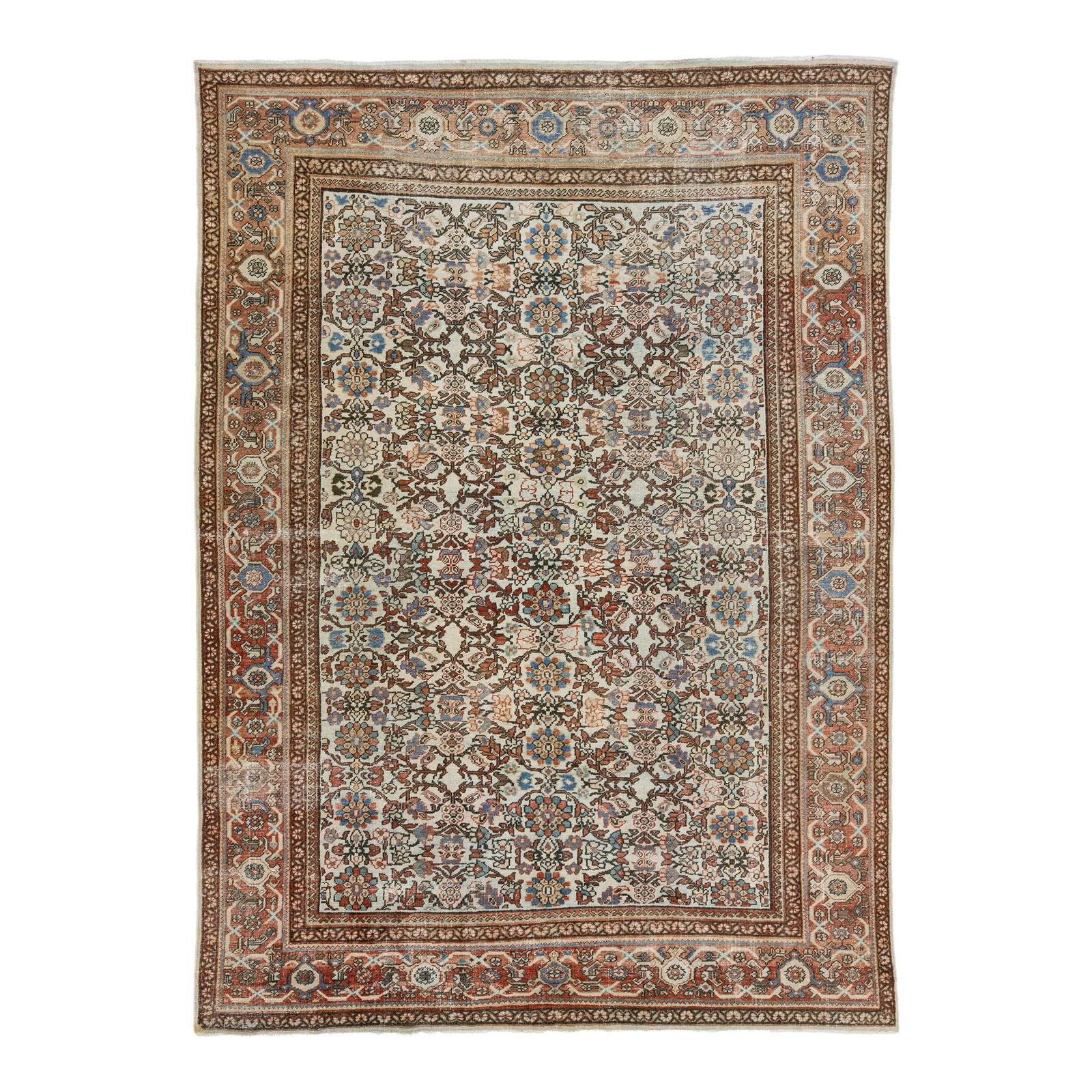 Vintage 1910s Multicolor Persian Mahal Wool Rug 8'11" x 12'5": Vintage 1910s Multicolor Persian Mahal Wool Rug 8'11" x 12'5" This exquisite vintage Persian Mahal wool rug showcases a stunning beige background adorned with vibrant multicolored floral designs, embo