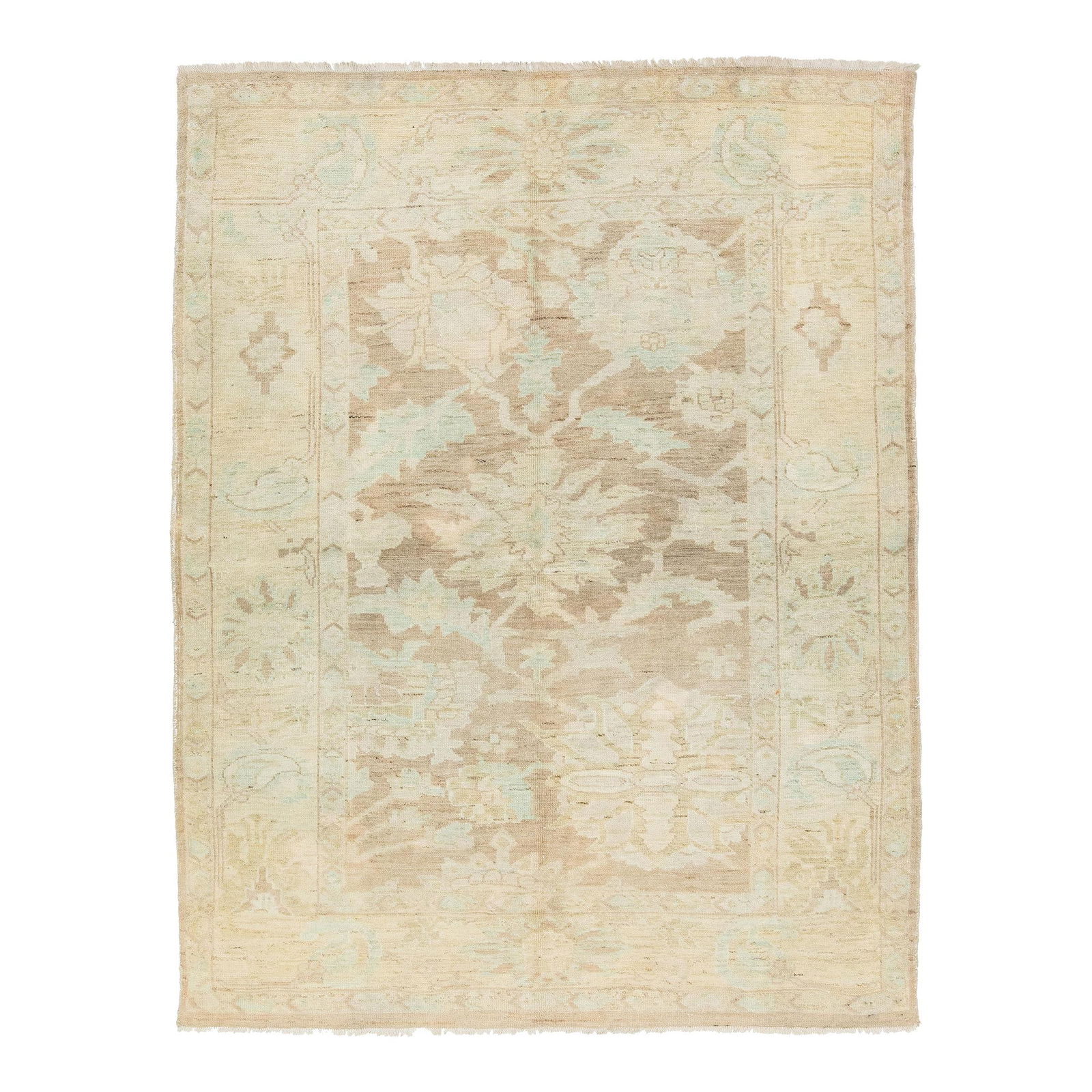 Floral Handmade Modern Sultanabad Wool Rug 5'3 x 6'9 Light Brown: Floral Handmade Modern Sultanabad Wool Rug 5'3 x 6'9 Light Brown Enhance your space with this exquisite hand-knotted wool rug, showcasing a light brown color field adorned with a beautiful floral desi