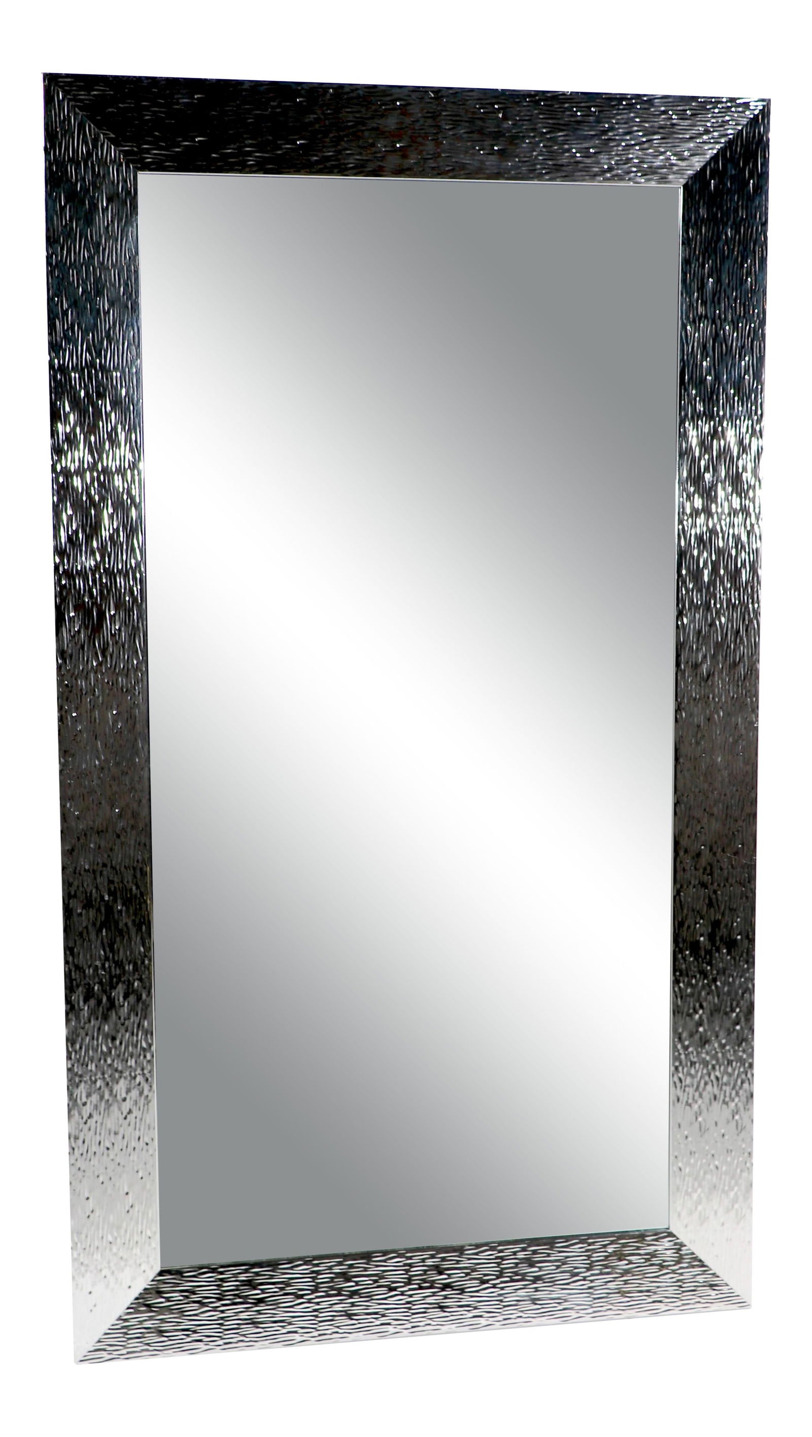 Textured Silver Chrome Frame Postmodern Wall Mirror 31 x 55.25: Textured Silver Chrome Frame Postmodern Wall Mirror 31 x 55.25 This striking postmodern wall mirror features a unique textured chrome-colored plastic frame that measures 4" in width, complementing a l