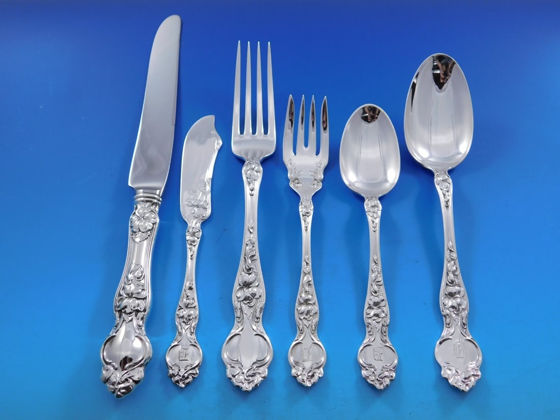 Wallace Violet Sterling Silver Flatware Set for 12 76 Pieces Art Nouveau: Wallace Violet Sterling Silver Flatware Set for 12 76 Pieces Art Nouveau Enhance your dining experience with this exquisite Violet pattern flatware by Wallace, crafted from high-quality sterling silve