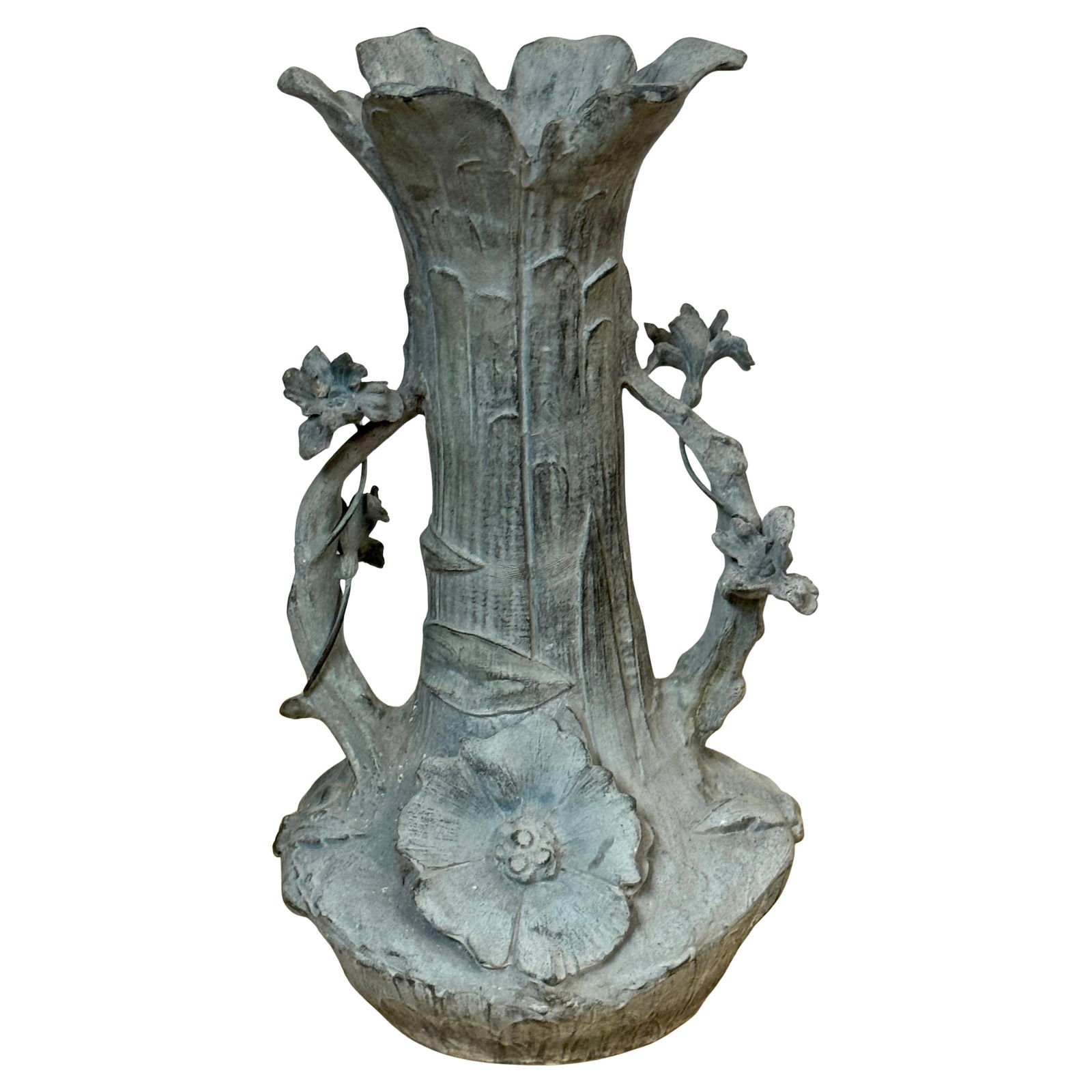 Art Nouveau Kayserzinn Vase with Floral Relief in Cast Zinc 1900s: Art Nouveau Kayserzinn Vase with Floral Relief in Cast Zinc 1900s This exquisite Art Nouveau Floral Relief Vase, attributed to the renowned German firm Kayserzinn, showcases the elegance of early 20th