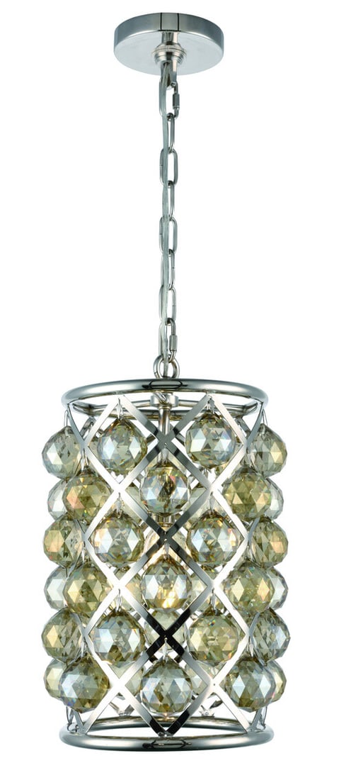 Madison Royal Cut Crystal Pendant Lamp with Polished Nickel Finish and Golden Teak Accents: Madison Royal Cut Crystal Pendant Lamp with Polished Nickel Finish and Golden Teak Accents This modern pendant light fixture features a polished nickel frame and is adorned with golden teak royal cut