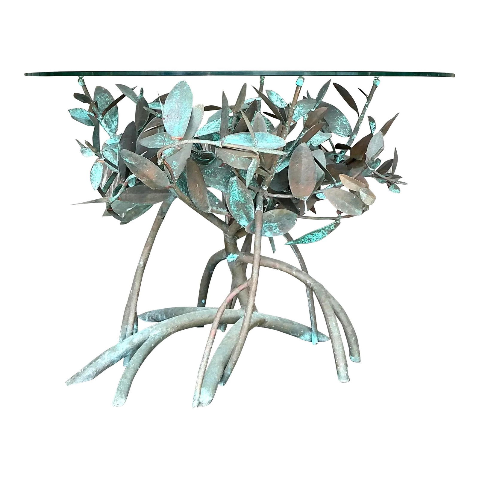 Vintage Boho Copper Mangrove Side Table with Glass Top: Vintage Boho Copper Mangrove Side Table with Glass Top Discover this exquisite vintage side table, a sculptural masterpiece that features an intricate patinated copper base designed to resemble twisti