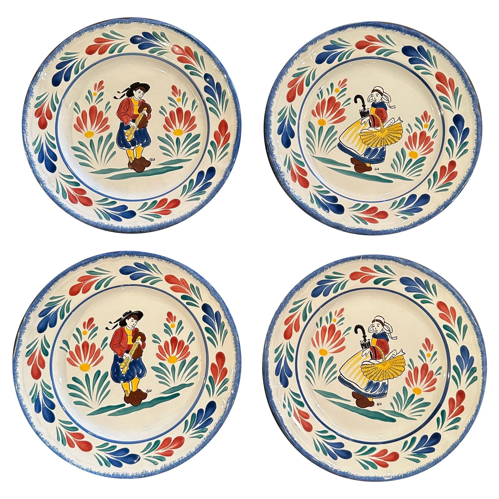 Set of 4 French Faience Plates Hand Painted Pornic Quimper Style 9.5 Inch: Set of 4 French Faience Plates Hand Painted Pornic Quimper Style 9.5 Inch This set of four mid-century French decorative plates from Brittany is crafted from faience and hand-painted in the Quimper st