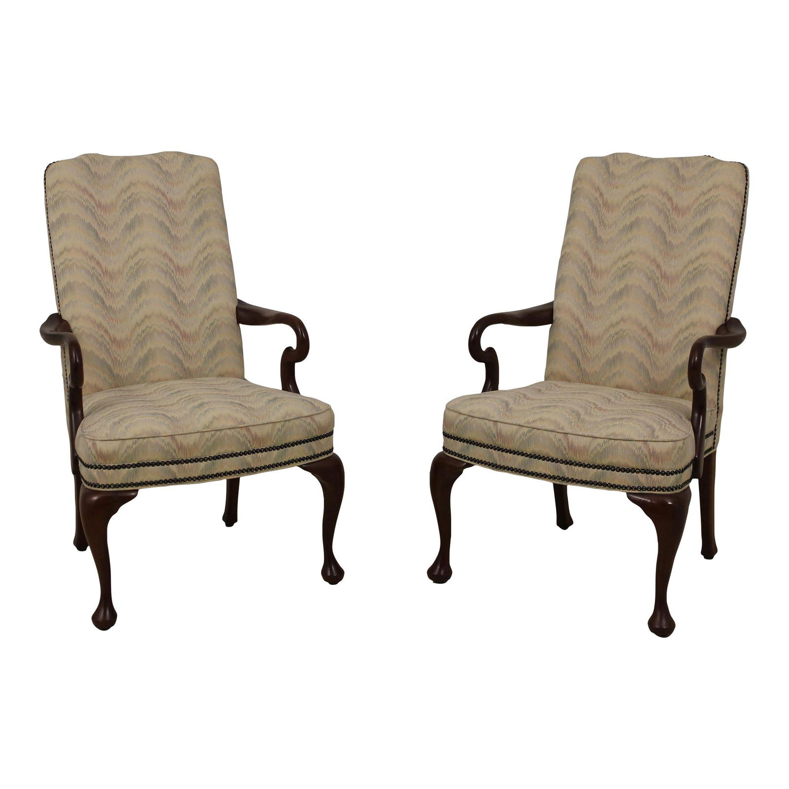 Elegant Pair of Gunlocke Queen Anne Upholstered Armchairs: Elegant Pair of Gunlocke Queen Anne Upholstered Armchairs This exquisite pair of Gunlocke Queen Anne upholstered armchairs showcases a timeless design with quality construction. Crafted from solid che