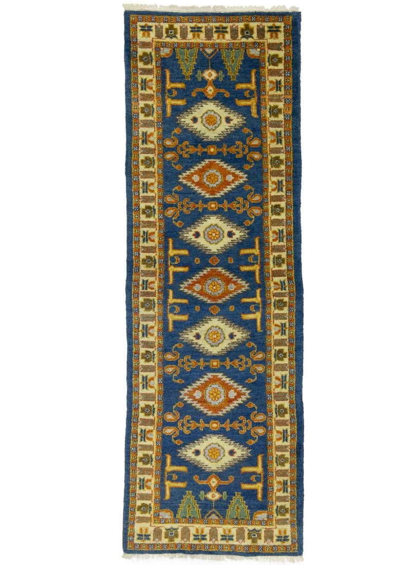 Hand-Knotted Wool Geometric Blue Kazak Runner Rug 2'7 x 8'1 India: Hand-Knotted Wool Geometric Blue Kazak Runner Rug 2'7 x 8'1 India This handmade geometric tribal Kazak runner rug features a striking blend of blue, cream, orange, brown, and yellow hues. Hand-knotted