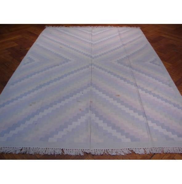 Handwoven 6.3 x 9.6 Kilim Rug Multi Color Geometric Design India: Handwoven 6.3 x 9.6 Kilim Rug Multi Color Geometric Design India Free continental US Shipping Elevate your living space with this exquisite 6.3 x 9.6 Kilim rug. Handwoven by skilled artisans, this fla