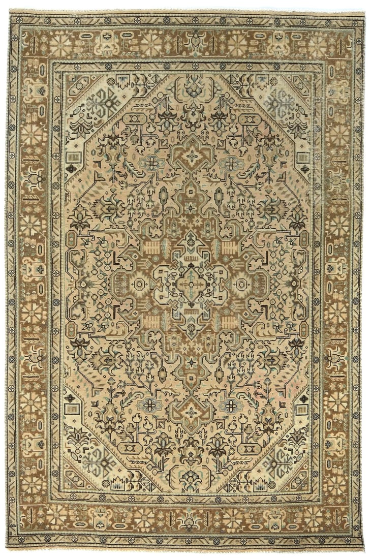 Hand-Knotted Wool Area Rug Floral Design 6'3 x 9'5 Vintage Western Asia: Hand-Knotted Wool Area Rug Floral Design 6'3 x 9'5 Vintage Western Asia This vintage hand-knotted wool area rug features a muted floral pattern in shades of beige, brown, green, gray, and cream. Craft