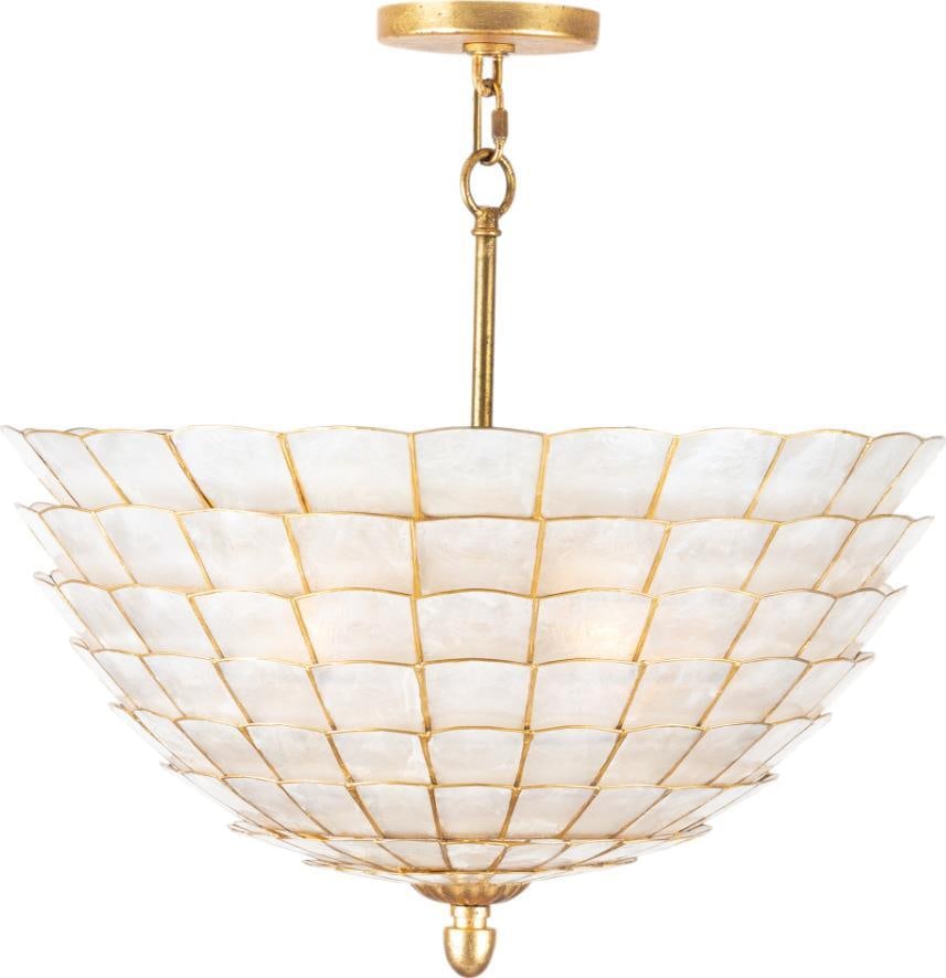 Samal Collection Pendant Light in Oxidized Gold Leaf with Capiz Shell: Samal Collection Pendant Light in Oxidized Gold Leaf with Capiz Shell This pendant light from the Samal collection features an oxidized gold leaf finish and is crafted from Capiz shell, glass, and ste