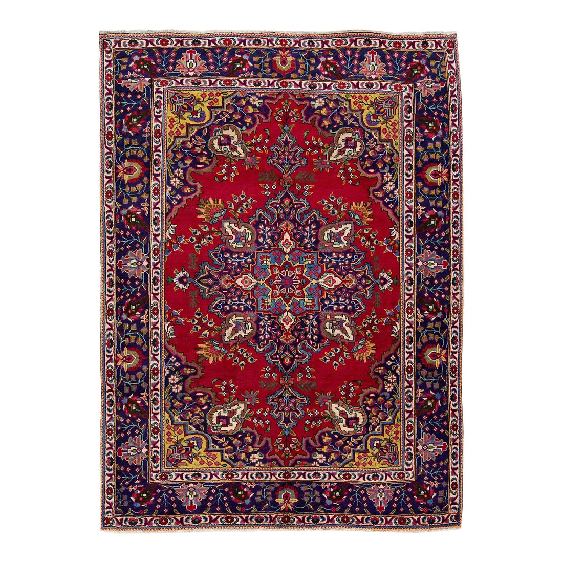 1960s Persian Tabriz Handmade Medallion Navy Blue Wool Rug: 1960s Persian Tabriz Handmade Medallion Navy Blue Wool Rug This exquisite vintage Persian Tabriz rug showcases a rich navy blue color field, elegantly framed in navy blue with vibrant multicolor accen