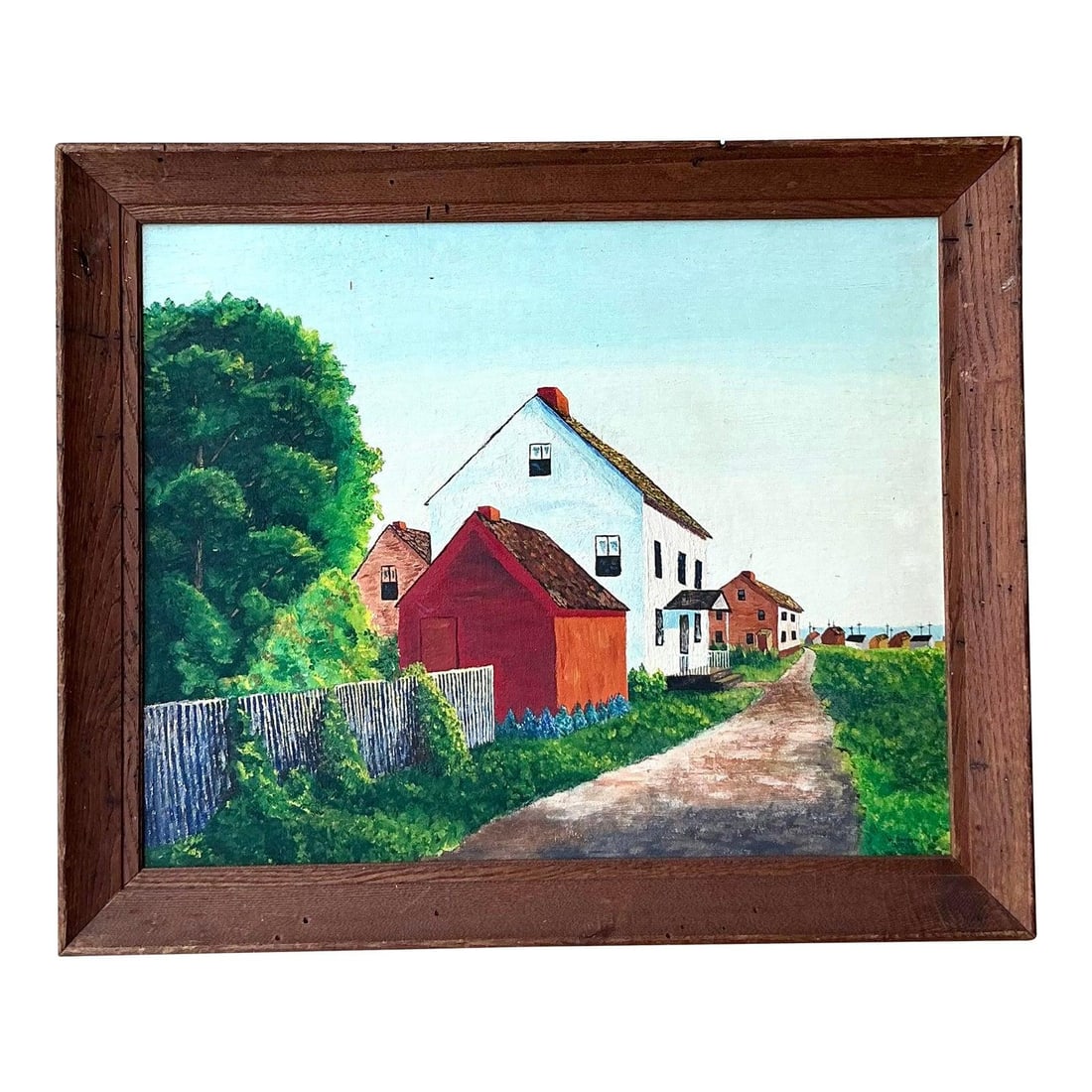 Vintage 1960s Primitive Landscape Painting on Masonite Board: Vintage 1960s Primitive Landscape Painting on Masonite Board Immerse yourself in the nostalgic warmth of this Vintage Primitive 1960s Landscape Painting, an authentic original artwork on sturdy board.