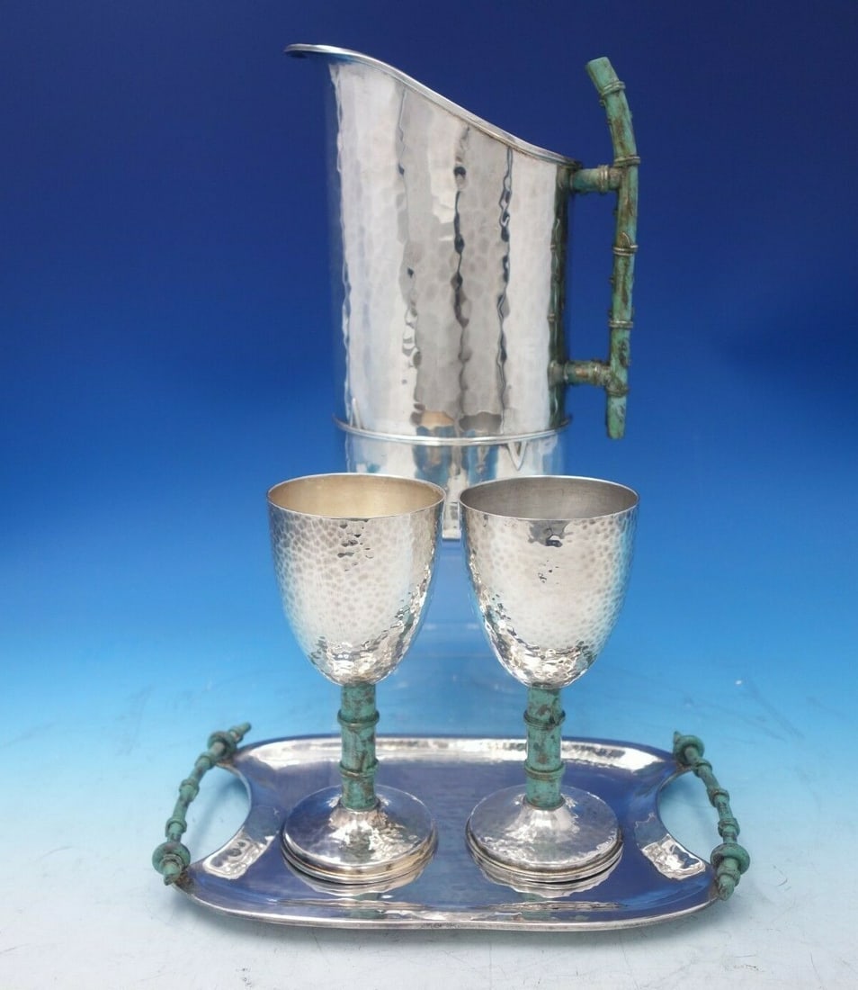 Emilia Castillo Bamboo Silverplate 4pc Wine Pitcher Set: Emilia Castillo Bamboo Silverplate 4pc Wine Pitcher Set Enhance your dining experience with this exquisite Bamboo by Emilia Castillo silverplate wine pitcher set. This four-piece collection, crafted i