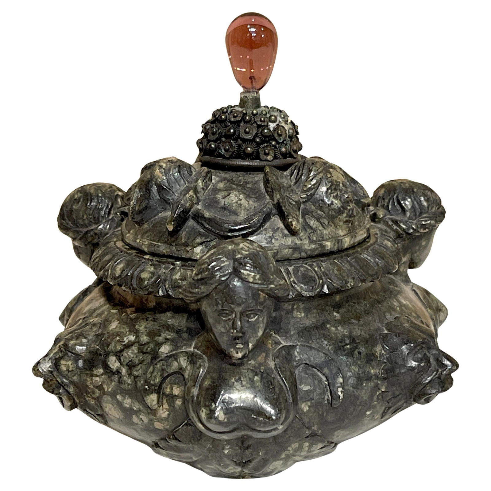 18th Century Italian Renaissance Carved Verdigris Marble Table Box: 18th Century Italian Renaissance Carved Verdigris Marble Table Box This exquisite 18th-century or older carved Verdigris marble table box epitomizes Italian Renaissance artistry, showcasing the influe